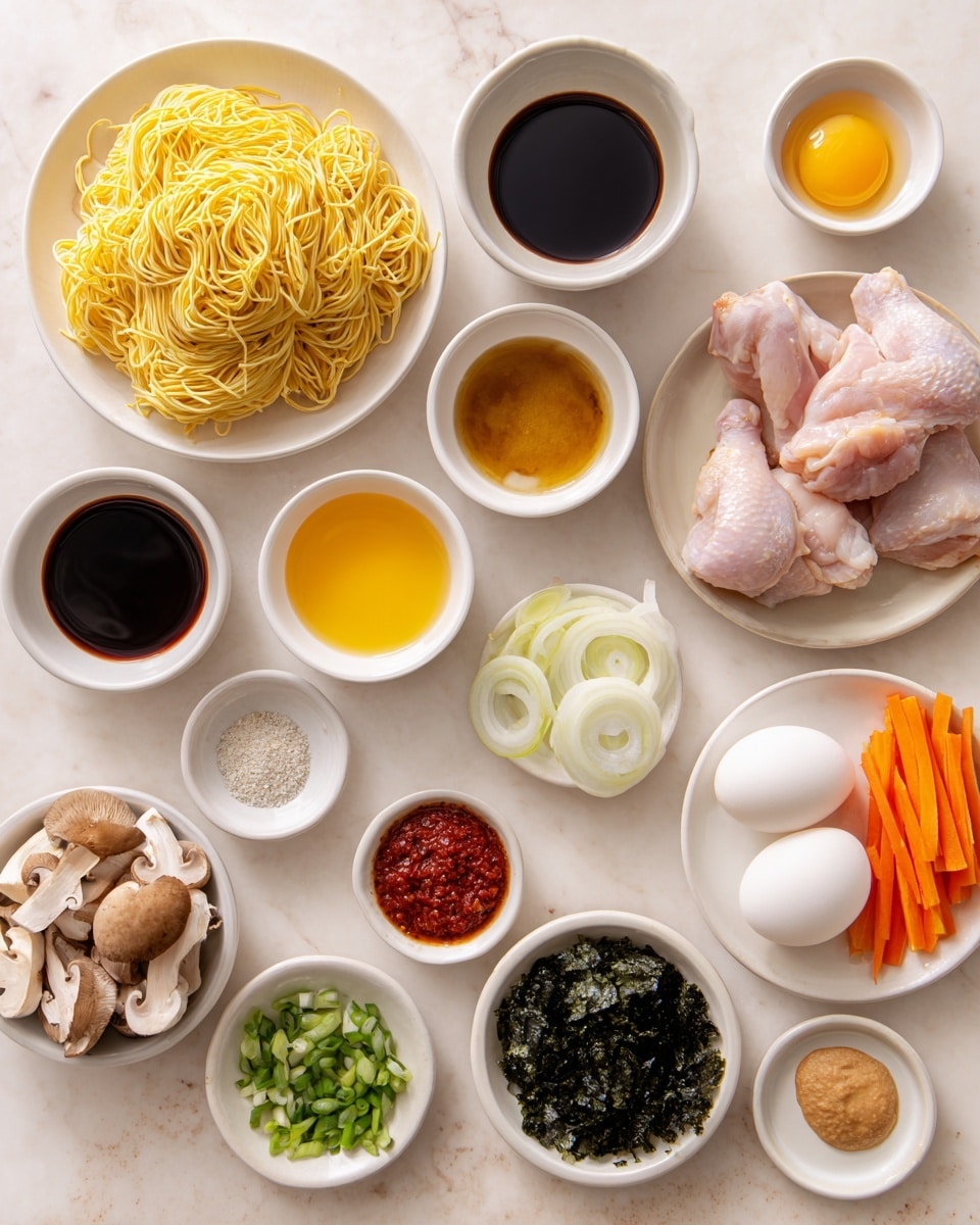 A collection of ingredients is arranged neatly on a white marbled surface, showing separate small white plates and bowls with different items. There are light yellow raw noodles placed in a mound on one white bowl, next to raw chicken thighs on a white plate. Around them are small bowls holding dark soy sauce, light golden oil, chopped garlic, minced ginger, and other liquids with a brownish hue. Sliced white onions and thin orange carrot sticks sit side by side on a white bowl, while a white egg rests nearby. Another white plate holds sliced mushrooms, chopped green onions, and dark green sheets of seaweed. There are also small bowls containing salt, black pepper, bright red chili paste, and a light brown shaped dollop of miso paste, all presented in a clean, organized way. photo taken with an iphone --ar 4:5 --v 7