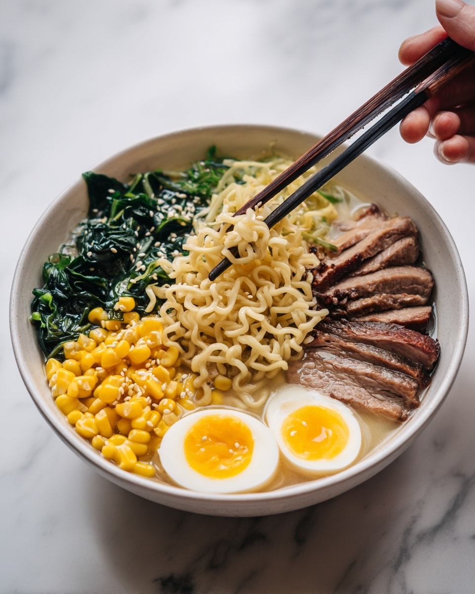 The image shows a bowl of ramen with a white bowl on a white marbled surface. The ramen has three main layers: at the bottom, light yellow curly noodles being lifted by black chopsticks held by a woman's hand; on one side, dark green leafy vegetables; next to them, light brown slices of meat arranged neatly; bright yellow corn kernels placed beside the meat; and a soft-boiled egg cut in half with a creamy yellow yolk on the side. The broth looks light and clear, surrounding all the ingredients, sprinkled with white sesame seeds on top. photo taken with an iphone --ar 4:5 --v 7