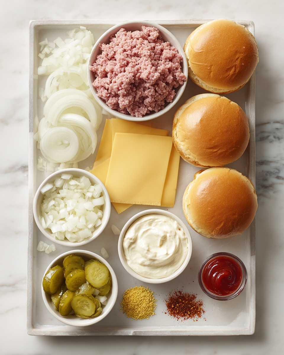 The image shows a tray with different ingredients arranged neatly on a white marbled surface. At the top right, there are two soft, golden brown sandwich buns. On the top left, there is a small white bowl filled with pink ground meat. Below the buns and meat, a few yellow cheese slices are stacked flat on the surface. In the middle bottom part of the tray, there are two small white bowls, one full of chopped white onions and the other with creamy white mayonnaise-like sauce. To the left of these bowls, there is a small group of sliced green pickles. At the bottom right, a few small piles of red and yellow spices and a dollop of red sauce complete the arrangement. photo taken with an iphone --ar 4:5 --v 7