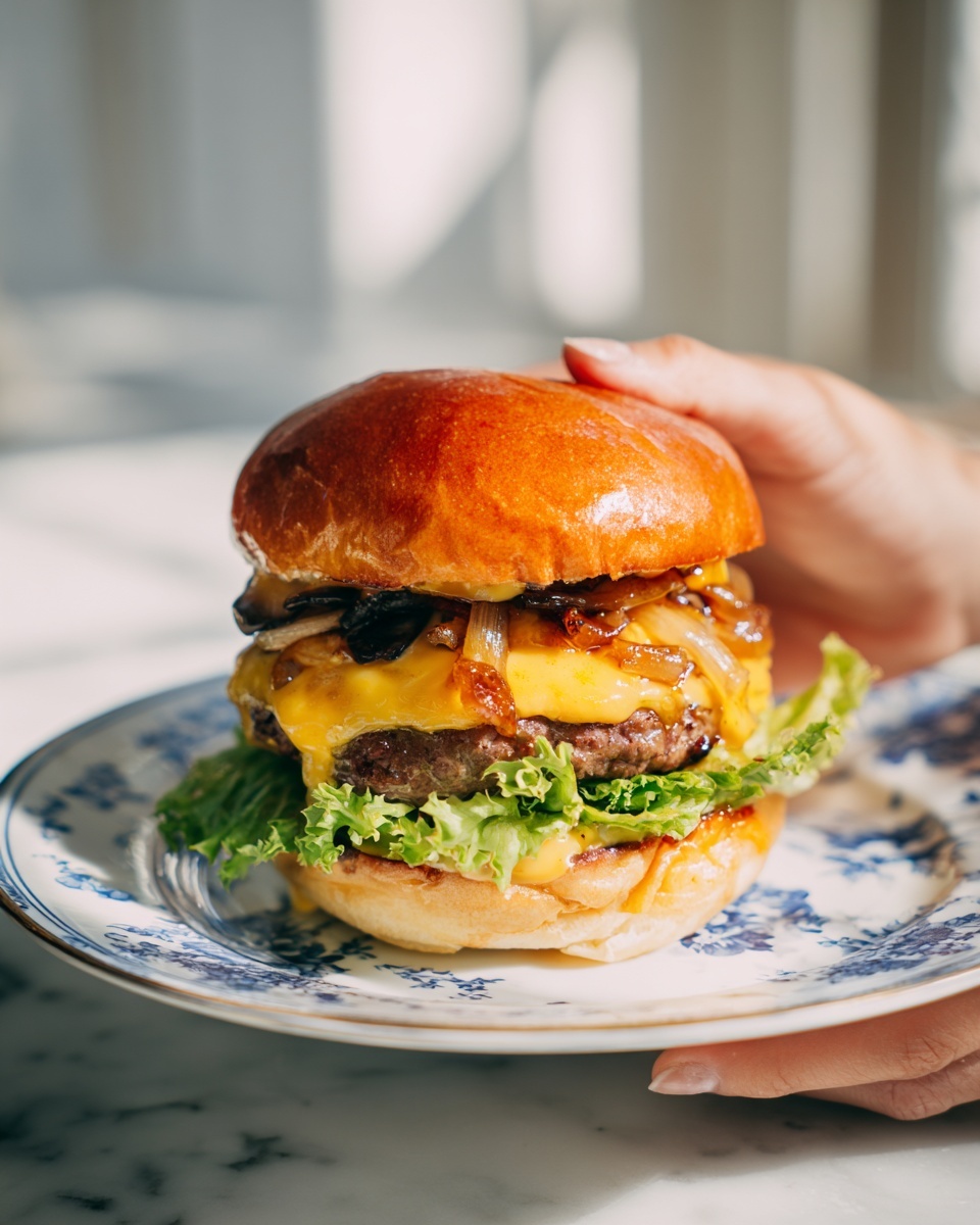 A close-up of a large burger held by a woman's hand, showing several layers inside a golden-brown bun. The bottom layer is fresh green lettuce with a slightly ruffled texture, followed by a thick, juicy brown beef patty. On top of the patty is melted yellow cheese that drips slightly, with sauce layered over it. Above the sauce are slices of grilled mushrooms and a few pieces of caramelized onions. The top bun is shiny and slightly cracked, completing the stack. The burger is placed on a white plate with a blue floral pattern, set on a white marbled surface with soft natural light. Photo taken with an iphone --ar 4:5 --v 7