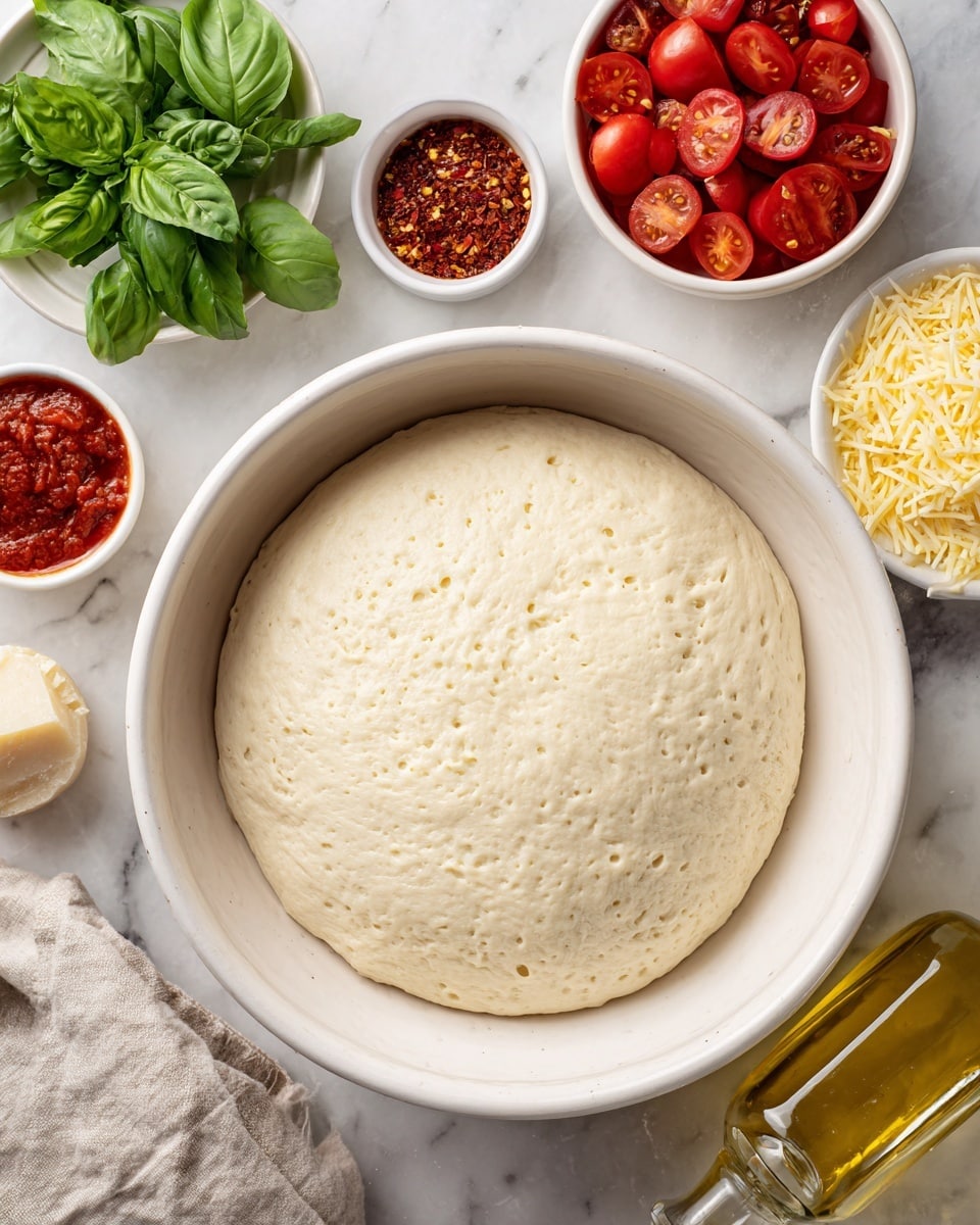 The image shows a white bowl in the center filled with light beige, smooth, and slightly bubbly pizza dough stretched flat. Around the bowl, there are small white dishes and a small bunch of fresh green basil leaves on a white marbled surface. The dishes hold bright red grape tomatoes, thick red tomato sauce, shredded pale yellow cheese, and crushed red pepper flakes. There is also a clear bottle with golden olive oil next to the bowl. photo taken with an iphone --ar 4:5 --v 7