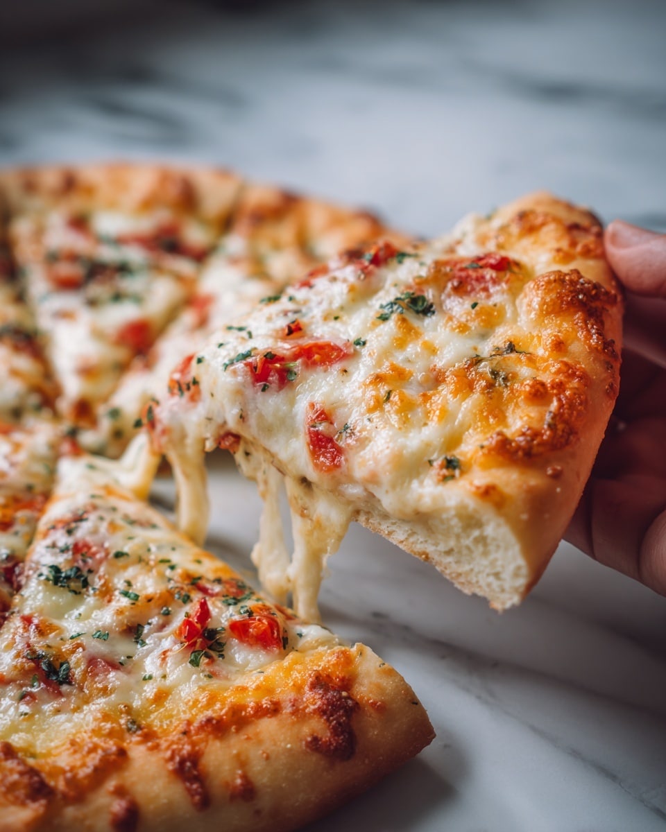 A close-up image shows a slice of pizza being held by a woman's hand, with a thicker crust base that looks golden-brown and slightly crispy. The pizza slice has melted cheese on top that stretches slightly as it is lifted, with visible small pieces of tomato and herbs scattered across the surface. The rest of the pizza lies flat on a white marbled surface behind the slice, showing the same cheese, tomato, and herb toppings in a circular shape. The lighting highlights the texture of the melted cheese and the crust's softness. Photo taken with an iphone --ar 4:5 --v 7