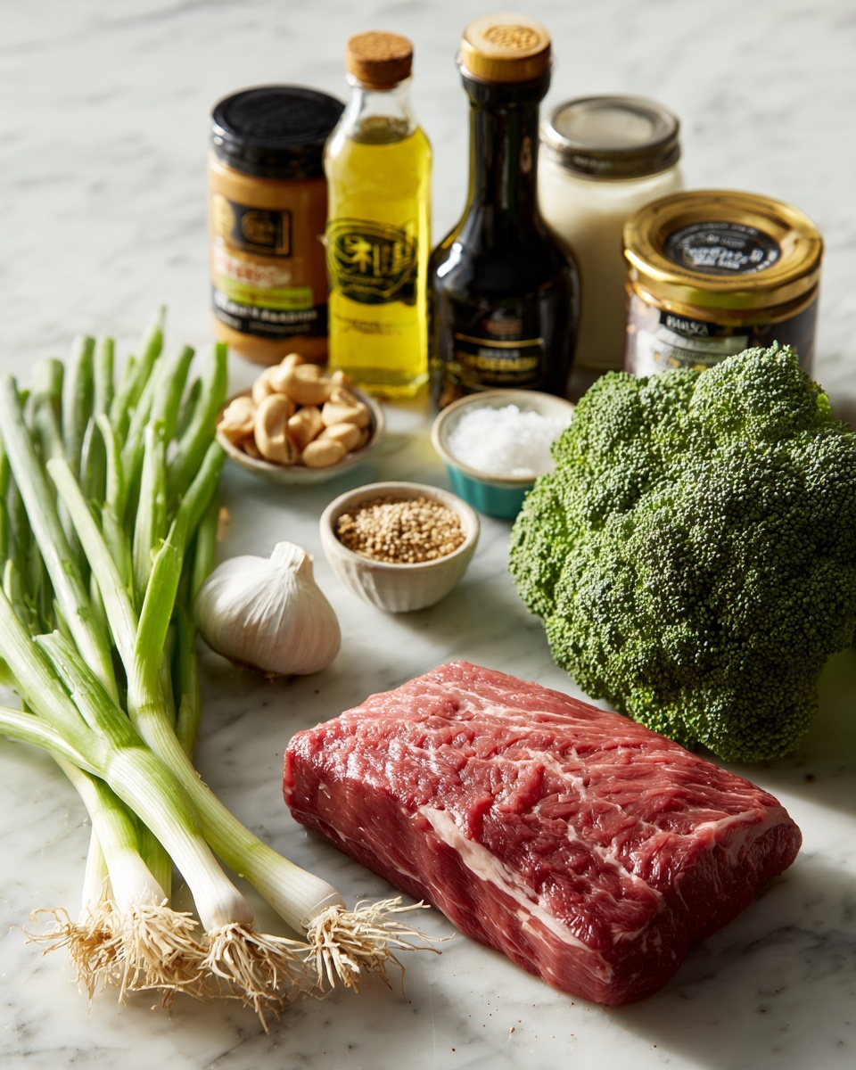 A white marbled surface holds a display of ingredients arranged in a neat line at the back, including bottles of soy sauce, vegetable oil, a jar of peanut butter, a container of cornstarch, rice vinegar, sesame oil, and fresh broccoli on the far right. In front, there is a rectangular piece of raw beef resting on the surface, bright red with some marbling. To the left of the beef are fresh green onions with stalks and white roots, and a couple of garlic cloves positioned nearby. The scene is well-lit with natural lighting, showing clear textures and colors on all items, photo taken with an iphone --ar 4:5 --v 7