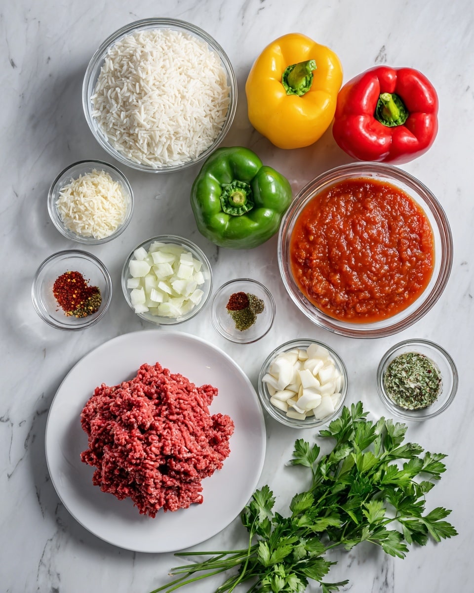 The image shows an arrangement of ingredients on a white marbled surface. At the center bottom, there is a white plate with a pile of red ground meat. Surrounding it are small glass bowls with grated white cheese, chopped white onions, tomato paste, oil, minced garlic, red pepper flakes, and dried herbs. Above these, a larger glass bowl holds white cooked rice. To the right side, a glass bowl filled with chunky red tomato sauce is placed. Near the top, there are six whole bell peppers showing a variety of colors: two green, two red, and two yellow. A bunch of fresh green parsley is laid beside the peppers. The colors and textures create a fresh, vibrant look. photo taken with an iphone --ar 4:5 --v 7