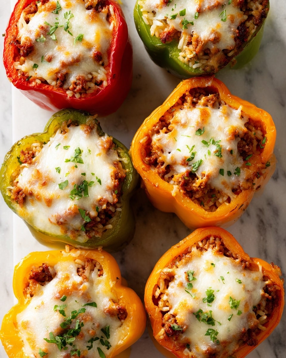 The image shows a close-up of six stuffed bell pepper halves arranged on a white marbled surface. Each pepper half is filled with a mix of cooked rice and browned meat, topped with a generous layer of melted white cheese that has slight browning in spots. The peppers in the image include red, green, and orange colors, each holding the savory filling with a slightly bubbly and golden cheese layer on top. Small green herbs are sprinkled over the cheese, adding a fresh contrast to the warm tones of the filling and cheese. The peppers are placed close to each other, filling the frame, with soft natural light highlighting the textures. Photo taken with an iphone --ar 4:5 --v 7