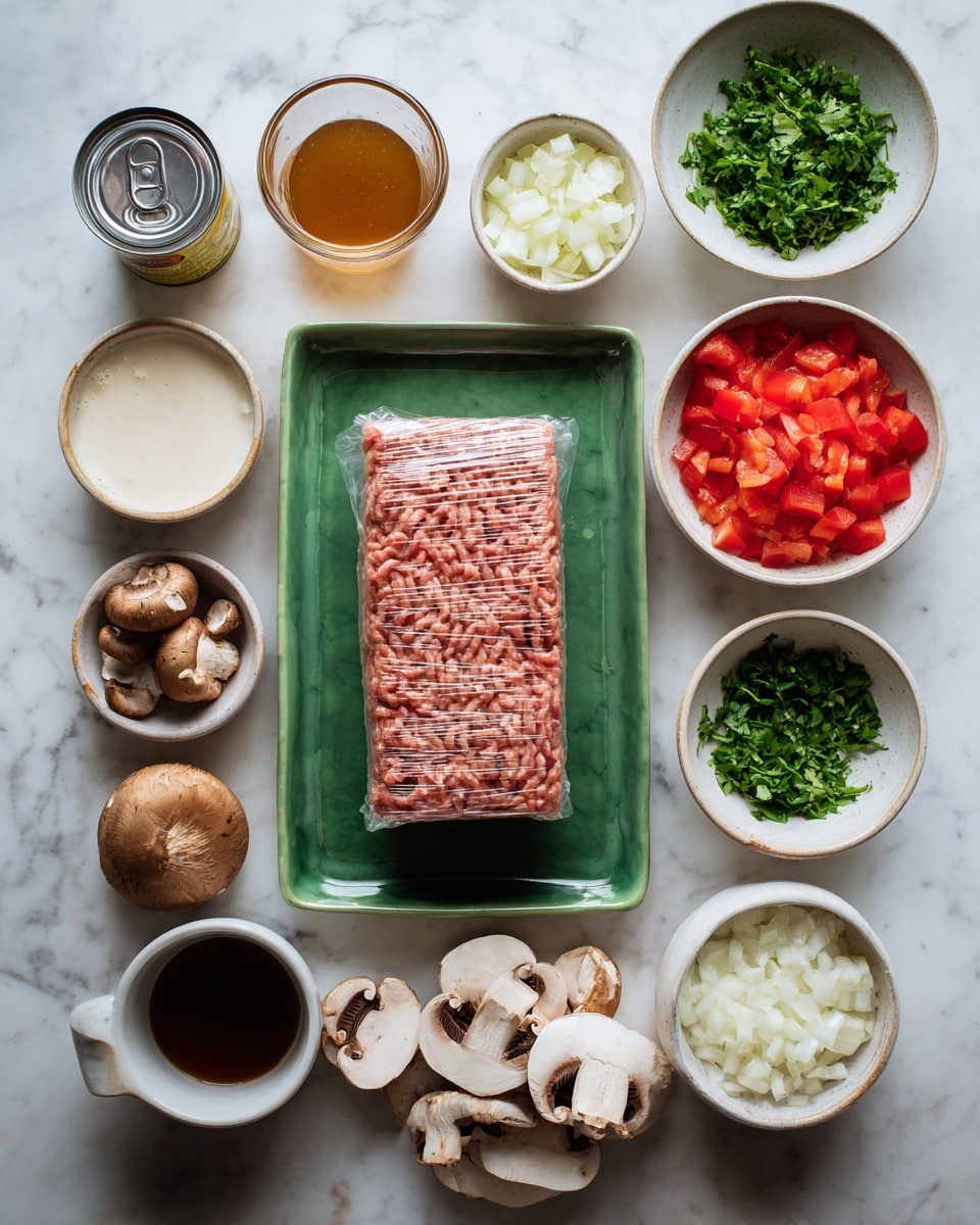 The image shows a white marbled surface with a green rectangular tray in the center holding a flat block of raw ground meat wrapped in plastic. Surrounding the tray in a circle are small white bowls and cups filled with different ingredients: diced red tomatoes, chopped brown mushrooms, chopped white onions, light brown minced garlic, a small can of coconut milk, a dark brown sauce, light brown liquid in a glass cup, finely chopped fresh green herbs, and a cup with whole white nuts or seeds. A woman's hand is not visible, only the ingredients laid out neatly. Photo taken with an iphone --ar 4:5 --v 7
