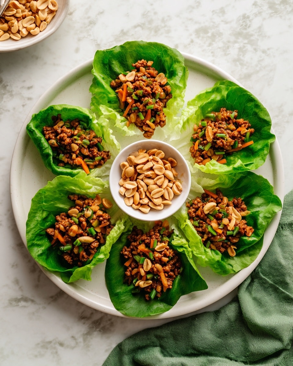 The image shows a white plate with five green lettuce leaves arranged evenly around the edge, each leaf holding a filling of brown cooked minced meat mixed with small orange and green vegetable bits. In the center of the plate, there is a small white bowl filled with light tan roasted peanuts. The plate sits on a surface with a white marbled texture, and a green cloth is partially visible in the background. Photo taken with an iphone --ar 4:5 --v 7