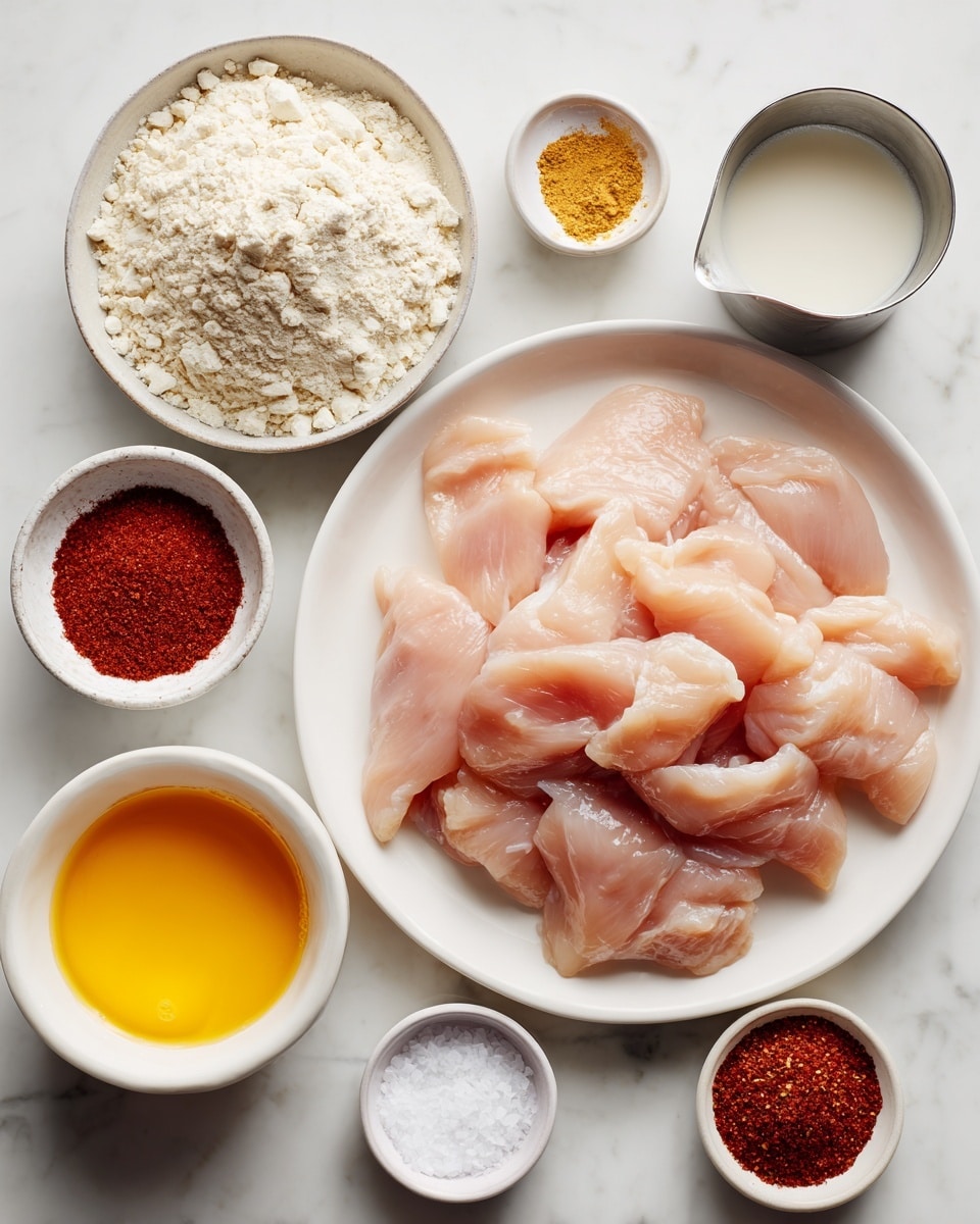 A top view of various cooking ingredients arranged on a white marbled surface, centered around a white plate filled with raw chicken strips that are pale pink and smooth, layered loosely overlapped. Surrounding the plate are small round white bowls containing pale flour with soft texture, reddish-brown paprika powder, white granulated salt, and fine white baking powder. There is also a measuring jug with thick white liquid and a small stainless steel cup with bright yellow beaten eggs. All items are neatly placed in a balanced layout. Photo taken with an iphone --ar 4:5 --v 7
