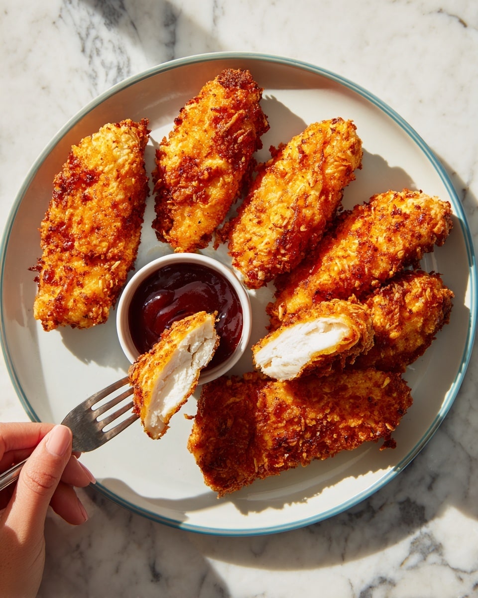 The image shows a white plate with a light blue border on a white marbled surface. On the plate, there are five pieces of golden brown crispy fried chicken arranged in a fan shape, with one piece broken open to show the white juicy meat inside. At the bottom center of the plate, there is a small round white bowl filled with dark red dipping sauce. A woman’s hand holds a silver fork near the dipping sauce, ready to dip the chicken. The lighting is bright and natural, highlighting the crunchy texture of the chicken skin. photo taken with an iphone --ar 4:5 --v 7