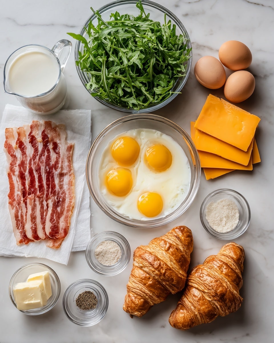 The image shows ingredients laid out on a white marbled surface, including three golden brown croissants with flaky texture on the bottom right, next to a stack of five bright orange cheddar cheese slices with a smooth texture. Above the cheese is a clear glass bowl filled with fresh, bright green arugula leaves. In the center is a large clear bowl with a mix of 12 egg yolks and whites, with a shiny and smooth texture. To the left are thick slices of raw bacon with red and white marbled fat, placed on a white paper. Next to the bacon is a small clear measuring cup filled with white milk, and four small clear bowls with various seasonings and butter spaced around: ground black pepper, garlic powder, salt, and a small pat of pale yellow butter. Photo taken with an iphone --ar 4:5 --v 7