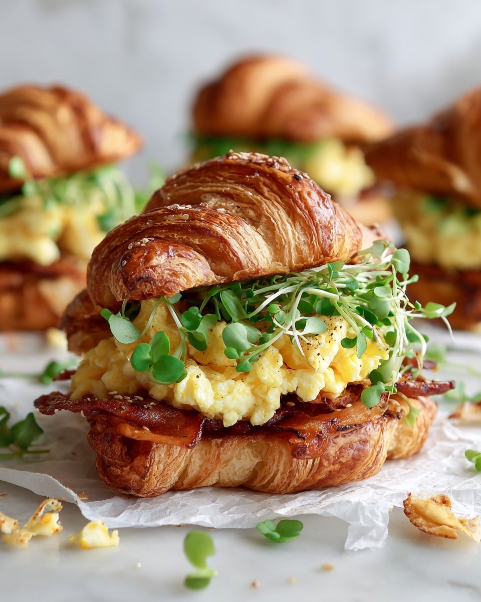 A toasted golden-brown croissant sandwich is shown in close-up on a white marbled surface, lined with crumpled parchment paper. The sandwich has three clear layers: the bottom layer is crispy bacon with a slightly reddish-brown texture, the middle layer is scrambled eggs with a soft, bright yellow texture, and the top layer consists of fresh green microgreens that spill slightly out of the croissant. In the background, there are three more croissant sandwiches blurred out, placed on the same white marbled surface. Scattered around are small pieces of eggs, microgreens, and some poppy seeds on the parchment paper. Photo taken with an iphone --ar 4:5 --v 7