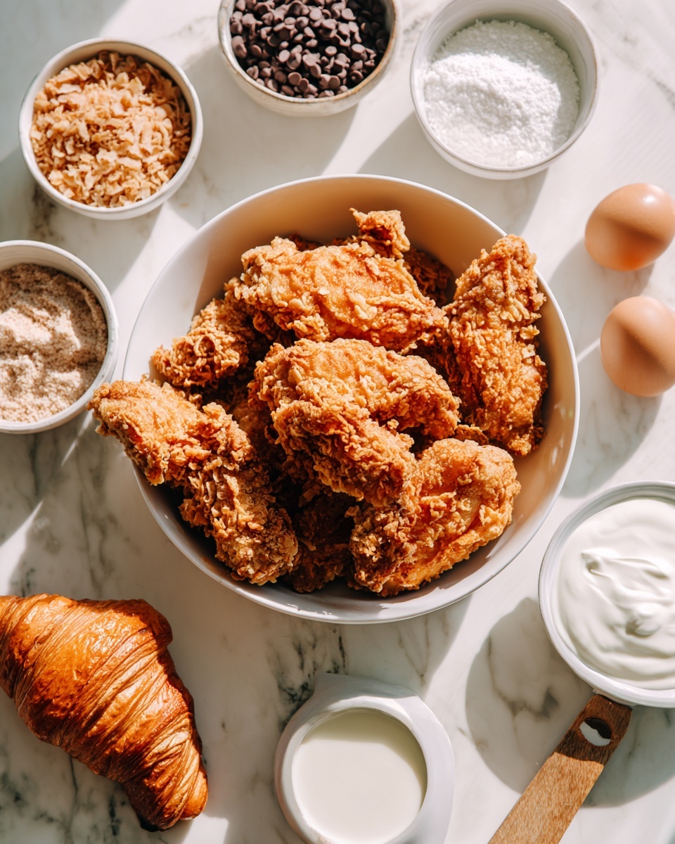The image shows a white bowl filled with torn pieces of light golden-brown fried chicken with a crispy texture, placed on a white marbled surface. Around the bowl are several small white bowls holding different ingredients: dark brown chocolate chips, light tan brown sugar, fine white flour, creamy white liquid, and another white liquid. There is a wooden-handled measuring spoon near the bowls, along with a single golden-brown croissant and a white bowl filled with thick white cream. A woman's hand is gently holding the croissant from the left side. The overall scene is bright with natural light, giving the food a fresh look photo taken with an iphone --ar 4:5 --v 7