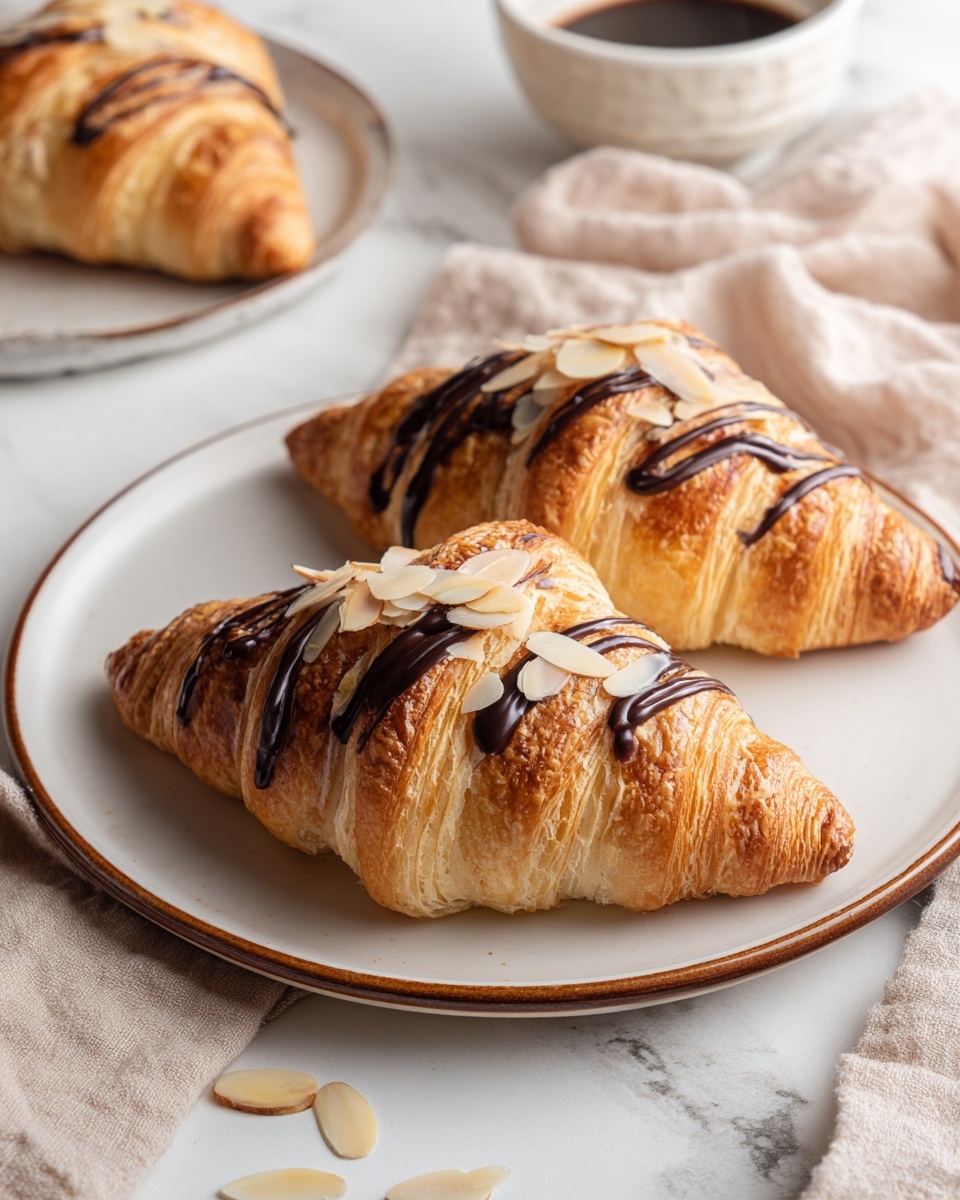 Two golden brown croissants sit side by side on a white plate with a thin brown rim, placed on a white marbled surface. Each croissant is topped with a drizzle of dark chocolate sauce that runs in thin lines from the top to the middle, and scattered with thin, light almond slices adding texture and contrast. In the background, parts of another croissant and a small white bowl are visible, with a soft beige cloth casually draped nearby. The scene is softly lit, showcasing the flaky layers of the croissants and the glossy shine of the chocolate sauce. Photo taken with an iphone --ar 4:5 --v 7