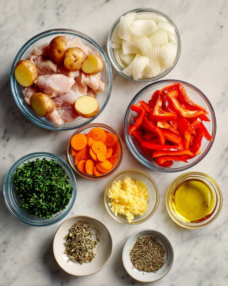 The image shows several clear glass bowls arranged on a white marbled surface. There are red-skinned small potatoes cut in half in one bowl, thin slices of white onion in another, and bright orange carrot slices in a third bowl. A bowl with raw chicken pieces with pale pink skin is placed nearby. Another bowl contains bright red bell pepper strips, and a small bowl holds fresh green chopped herbs. There are smaller glass dishes with yellow lemon zest, minced garlic, olive oil with a golden hue, and dried herbs with a green-brown color. All elements are neatly spaced and clearly visible. Photo taken with an iphone --ar 4:5 --v 7