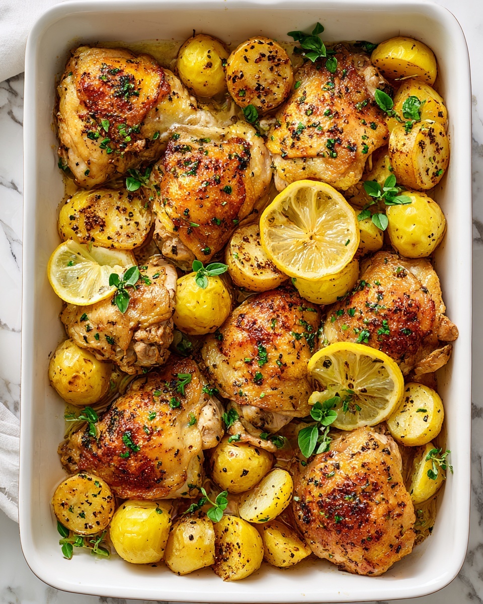 The image shows a white rectangular dish filled with golden-brown cooked chicken pieces that have a slightly crispy texture. The chicken is covered with small chopped green herbs and black pepper flakes for seasoning. Around the chicken, there are small yellow potatoes, some sliced and some whole, roasted to a rich golden color with a light crispy skin. Bright yellow lemon wedges are placed in different spots on the dish, adding a fresh and vibrant look. Small green sprigs of fresh herbs are scattered over the dish, resting on both the chicken and potatoes. The whole dish sits on a white marbled surface, with the warm colors of the food contrasting against the light background. photo taken with an iphone --ar 4:5 --v 7