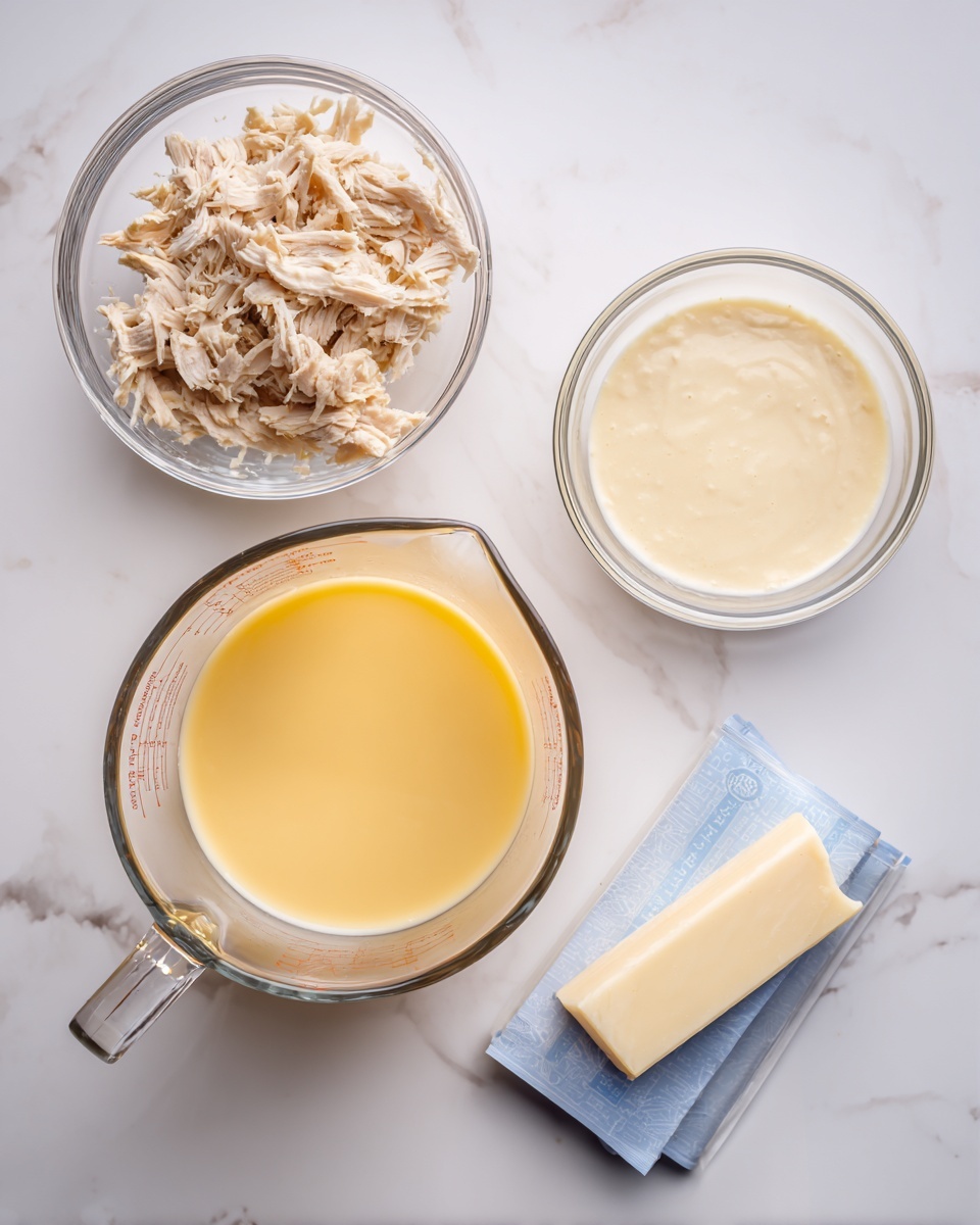 The image shows several clear glass containers arranged on a white marbled surface. In the top left, there is a small bowl filled with shredded light brown chicken. To the right of this bowl, there is another small bowl containing a thick creamy pale yellow sauce. Below these bowls, there is a large clear measuring cup filled with orange-yellow liquid, likely broth. To the right of the measuring cup, there are two rectangular cheese packaging, light blue with white and yellow accents. The scene is well lit, showing soft shadows on the white marbled background. photo taken with an iphone --ar 4:5 --v 7