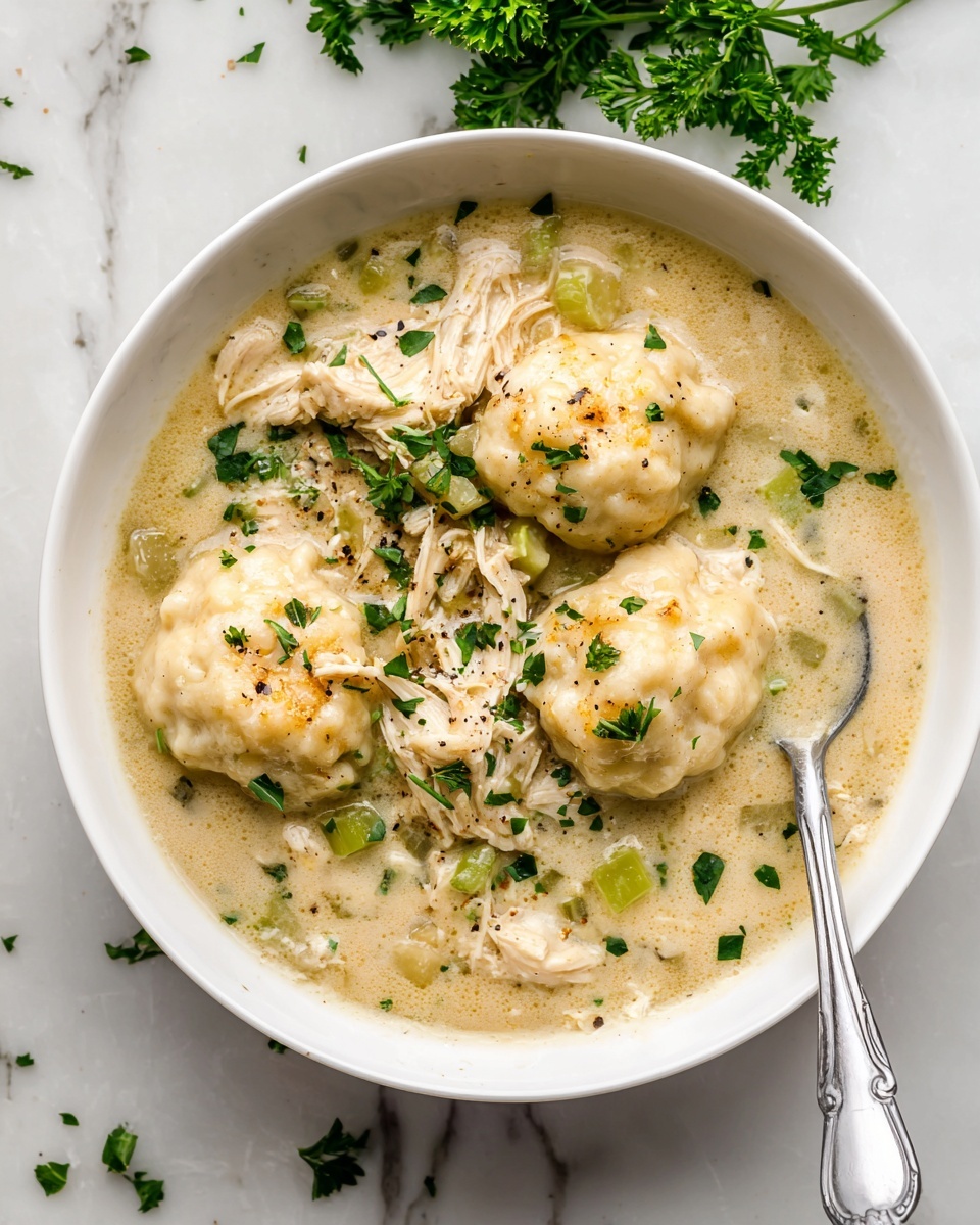 A white bowl filled with creamy chicken and dumplings soup, showing two main layers: thick, beige dumplings with a soft texture and shredded light brown chicken pieces mixed in a smooth, light creamy broth. Small green celery pieces and bright green parsley leaves are sprinkled on top as garnish. A spoon with a white handle and silver scoop rests inside the bowl, with some soup on it. The bowl is placed on a white marbled surface with a small bunch of parsley nearby. Photo taken with an iphone --ar 4:5 --v 7