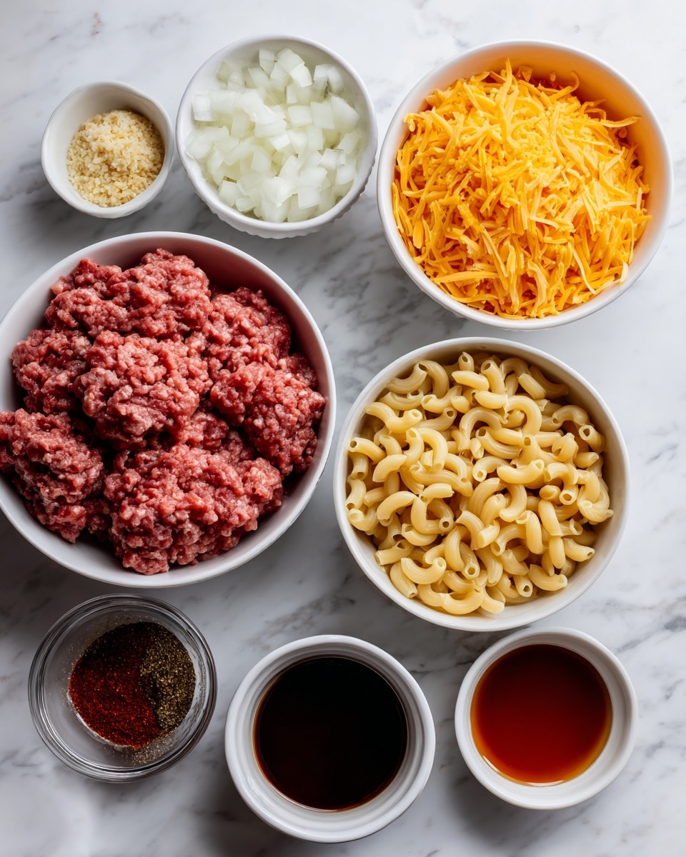 The image shows ingredients for a recipe arranged neatly on a white marbled surface. In the top left is a bowl of raw ground meat with a reddish pink color and soft texture, next to it is a white bowl filled with bright orange shredded cheese. To the right, a white bowl holds uncooked elbow macaroni, yellow and smooth in texture. Below the meat on the left, a white bowl contains chopped white onions with a slightly glossy look, and nearby is a small bowl of light brown minced garlic. In front, there are different small bowls holding dark brown soy sauce, rich red and black spices, and a clear reddish-brown liquid likely broth or sauce. All items are arranged closely but clearly separate, showing each ingredient's color and texture distinctly. photo taken with an iphone --ar 4:5 --v 7
