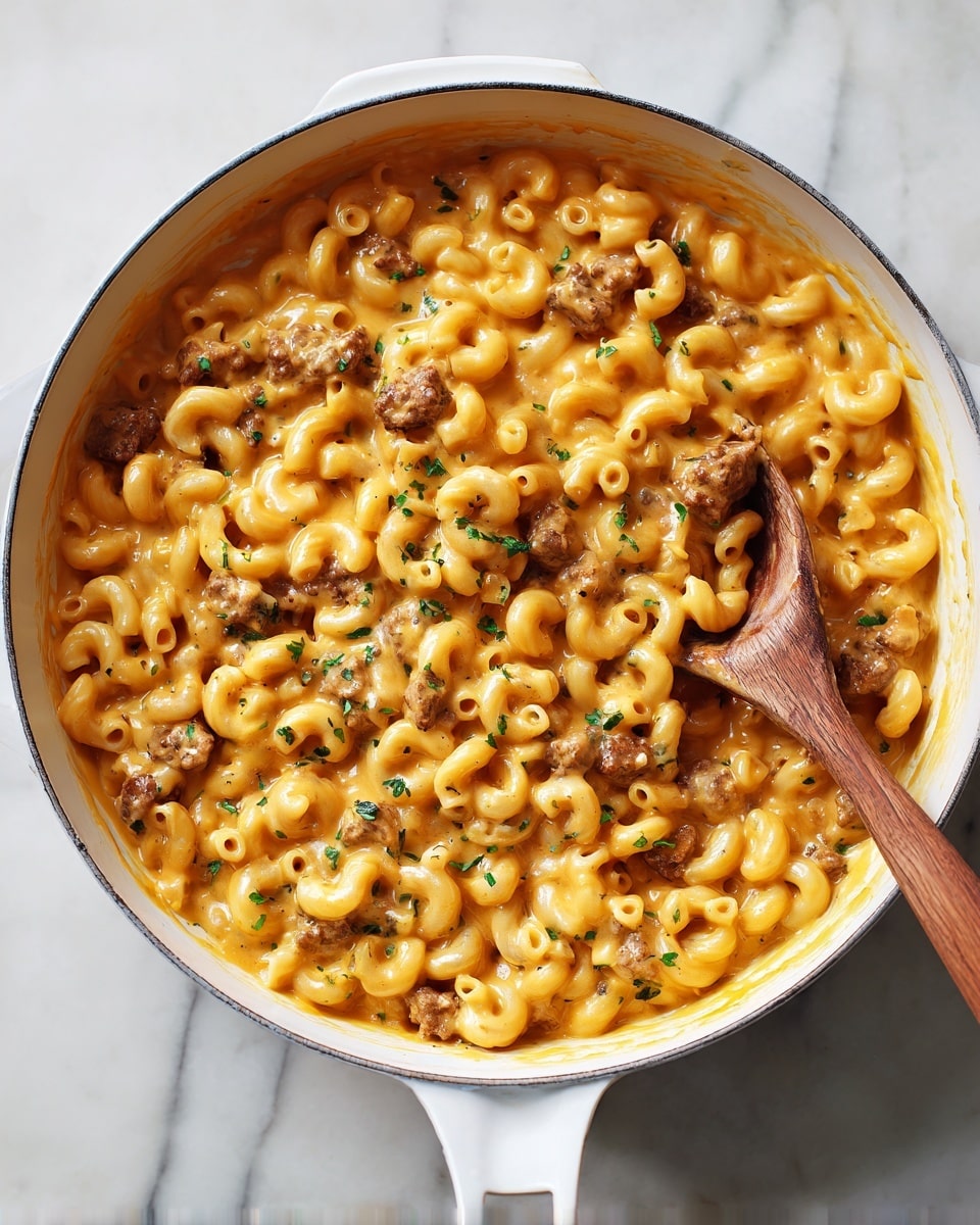 In a white pan, creamy macaroni pasta with small pieces of browned meat is mixed through a smooth, orange cheese sauce that covers every piece. The elbow-shaped pasta is soft and shiny, coated thickly in the sauce. Small green herb pieces are sprinkled on top for color. A wooden spoon rests inside the pan, slightly stirring the food. The pan sits on a white marbled surface. photo taken with an iphone --ar 4:5 --v 7