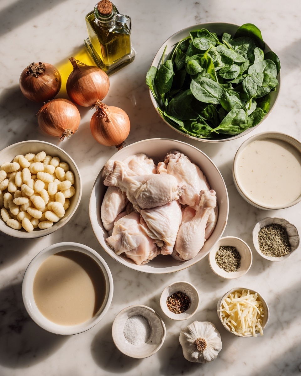 The image shows several white bowls and plates arranged on a white marbled surface, each containing different cooking ingredients. Starting from the top left, there is a bottle of olive oil, followed by two whole brown onions placed side by side. Next to them, a large white bowl is filled with fresh green spinach leaves. Below, a white bowl holds small round gnocchi pasta, while in the center, a wide white bowl contains raw chicken thighs with skin, pale pink and plump. On the right, there is a white bowl with creamy light beige liquid, and smaller white bowls filled with shredded cheese and grated cheese. At the bottom left is a bowl of light brown broth or stock. Three small white bowls at the front contain salt, green dried herbs, and ground pepper, and a whole garlic bulb sits near the center. A woman's hand is slightly reaching towards some ingredients. The overall colors are warm with natural light highlighting textures like the rough skin of the onions, soft spinach leaves, and smooth chicken thighs. Photo taken with an iphone --ar 4:5 --v 7