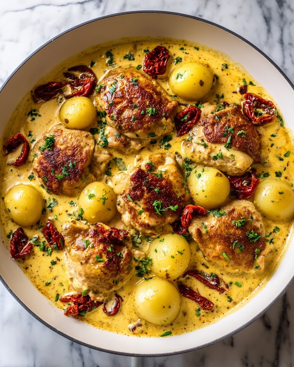 The image shows a white pan filled with a creamy dish featuring several golden-brown chicken pieces on the top layer, partially covered by a thick yellow sauce with smooth texture. Around the chicken, small round potatoes of a light yellow color are scattered evenly. Red sun-dried tomatoes add bright spots of color, while chopped green herbs sprinkle on top for freshness. The background is a white marbled texture. photo taken with an iphone --ar 4:5 --v 7