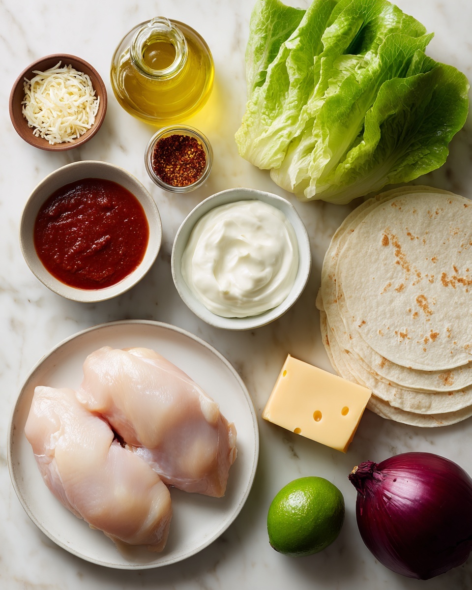 The image shows raw ingredients neatly arranged on a white marbled surface, including two pale pink pieces of chicken on a white round plate at the bottom left; next to them is a small clear bottle of yellow oil. Above the chicken, fresh green lettuce leaves appear slightly curled at the edges. In the center, a round bowl holds smooth white cream, while next to it a smaller bowl contains bright red sauce. To the right, a stack of plain white tortillas is placed beside a whole dark green avocado and a square block of light yellow cheese. Near the bottom right corner, a whole deep purple onion adds contrast, and a whole bright green lime sits near the top center. A small brown bowl containing reddish spice mix is placed above the cream bowl. Photo taken with an iphone --ar 4:5 --v 7