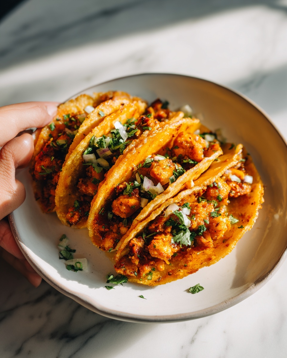 The image shows three tacos filled with golden-brown cooked pieces, likely meat or a meat substitute, topped with small green herb leaves, chopped onions, and some sauce. The tacos are soft and slightly folded, revealing a rich orange filling inside. They are served on a white plate with a slight rim, placed on a white marbled surface. A woman's hand is gently holding one of the tacos from the side, adding a sense of scale and interaction. The lighting is natural, highlighting the texture of the taco shells and the vibrant colors of the toppings. photo taken with an iphone --ar 4:5 --v 7
