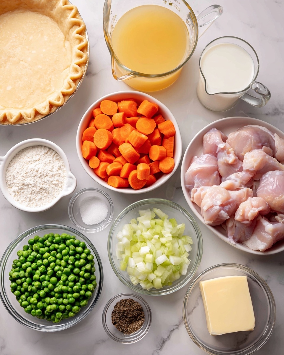 On a white marbled surface, there is a clear glass measuring cup filled with light yellow broth near the top left, beside a white bowl full of bright orange sliced carrots; in the center is a silver bowl holding light pink raw chicken pieces. Below the chicken are two small clear bowls, one with white flour and the other with ground black pepper. To the bottom right, a small clear bowl has a chunk of pale yellow butter. Above the butter on the right side are diced white onions in a silver bowl and crisp green celery slices in a small clear bowl next to it. Below the carrots on the left side is a white bowl full of frozen green peas. Near the top right corner, there is a clear measuring cup filled with white milk, next to two small clear bowls holding white salt and dark brown seasoning. On the far left side, there is an empty pie crust in a white pie dish. Photo taken with an iphone --ar 4:5 --v 7