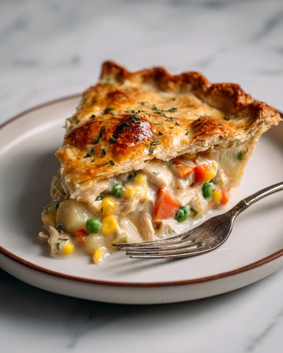 A single slice of chicken pot pie sits on a white plate with a thin brown rim, placed on a white marbled surface. The pie has two layers: the top layer is a thick, golden brown crust with a slightly shiny, baked texture showing darker golden spots. The bottom layer reveals a creamy filling of mixed vegetables including orange carrots, green peas, and yellow corn, along with chunks of chicken and potatoes, all in a light beige sauce. A silver fork rests on the right side of the plate. photo taken with an iphone --ar 4:5 --v 7