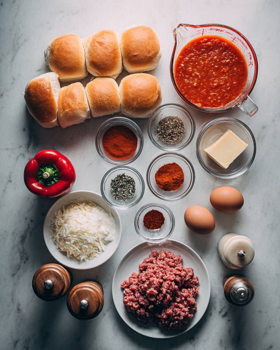 The image shows ingredients neatly arranged on a white marbled surface. On the left, five sandwich rolls and one small round bread are placed next to a red bell pepper. To the right, a clear measuring cup is filled with bright red tomato sauce. There are nine small clear bowls each containing various spices and seasonings with different textures and colors including dried herbs, red pepper flakes, and powdered spices. Two brown eggs sit in one small bowl. A white plate holds three different types of ground meat and a small block of butter. Next to this plate, there is a squeeze bottle with oil and two wooden salt and pepper shakers. The scene is well lit with soft natural light, showing all ingredients clearly. photo taken with an iphone --ar 4:5 --v 7