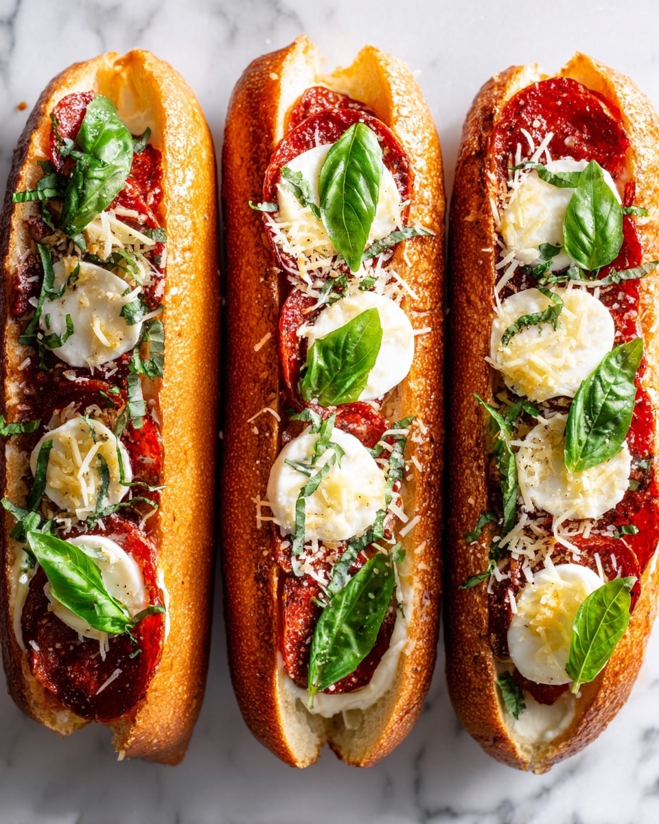 Three sandwich halves lie side by side on a white marbled surface, each filled with layers starting with a toasted, golden-brown sub roll. Inside the rolls, a rich red tomato sauce layer is spread evenly, topped with small round slices of white mozzarella cheese that have a soft, smooth texture. Fresh green basil leaves are scattered on top of the cheese, adding spots of color. The sandwiches are finished with a light sprinkling of finely grated pale yellow cheese, adding a slightly textured look on top of the fresh ingredients. The photograph is taken with an iphone --ar 4:5 --v 7
