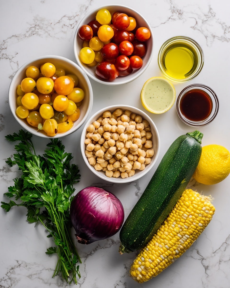 The image shows several fresh ingredients arranged neatly on a white marbled surface. There are four white bowls filled with small round yellow and red tomatoes, pale yellow corn kernels, and light brown chickpeas. Next to the bowls, there is a whole ear of corn with bright yellow kernels, two dark green zucchinis, a small purple onion, a bunch of fresh green parsley, a whole yellow lemon, and two small glass containers holding light creamy yellow and dark reddish-brown liquids. The items are placed closely together but not overlapping. Photo taken with an iphone --ar 4:5 --v 7