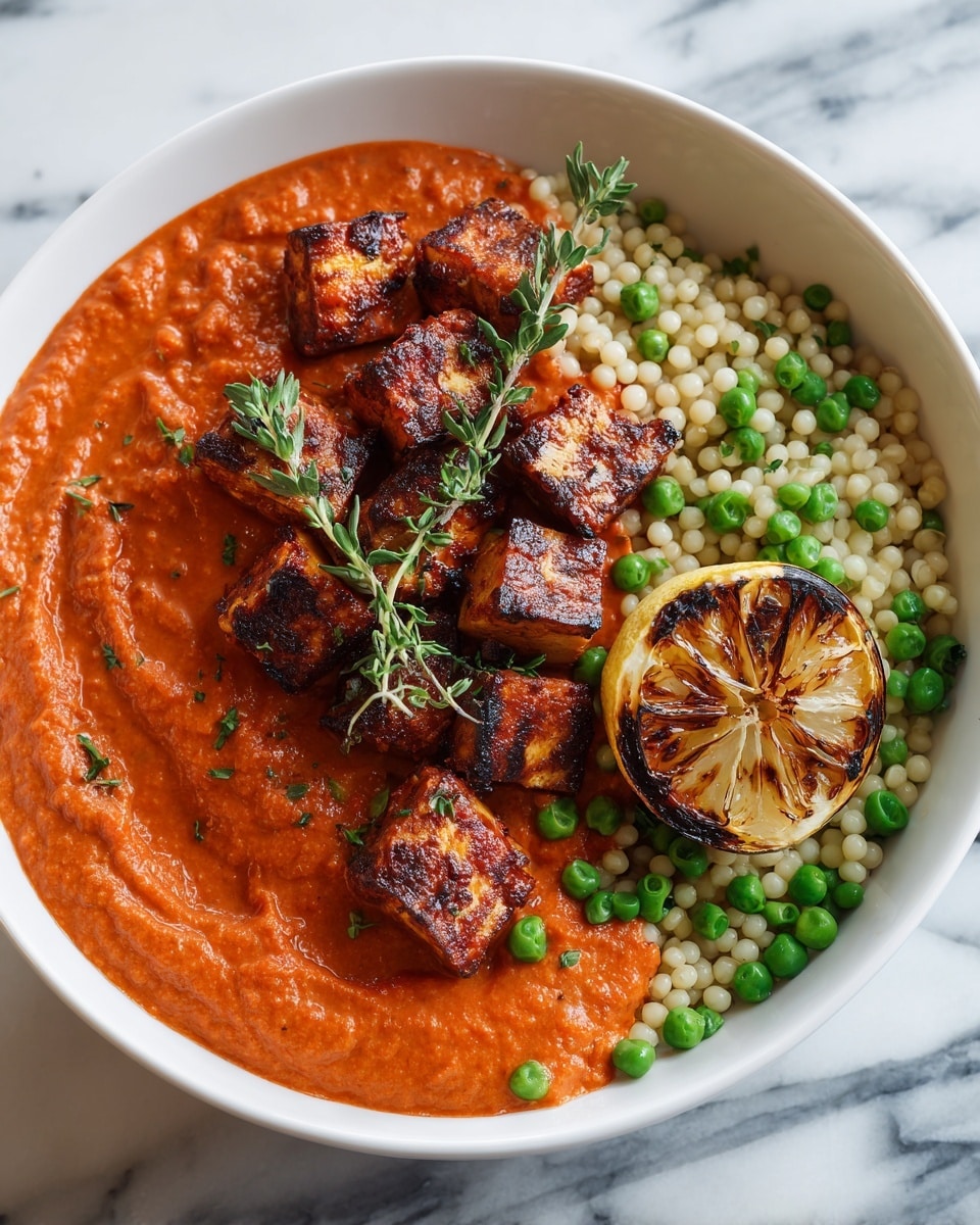A white bowl filled with a textured layer of small, pearl-like couscous at the bottom, mixed with small green peas, topped with a thick layer of orange-red sauce that covers medium-sized cubes of grilled tofu or paneer. The sauce looks smooth with small chunks and is garnished with fresh green thyme sprigs on top. A grilled half lemon with a slightly charred surface lies to the side inside the bowl. The background is a white marbled surface. photo taken with an iphone --ar 4:5 --v 7