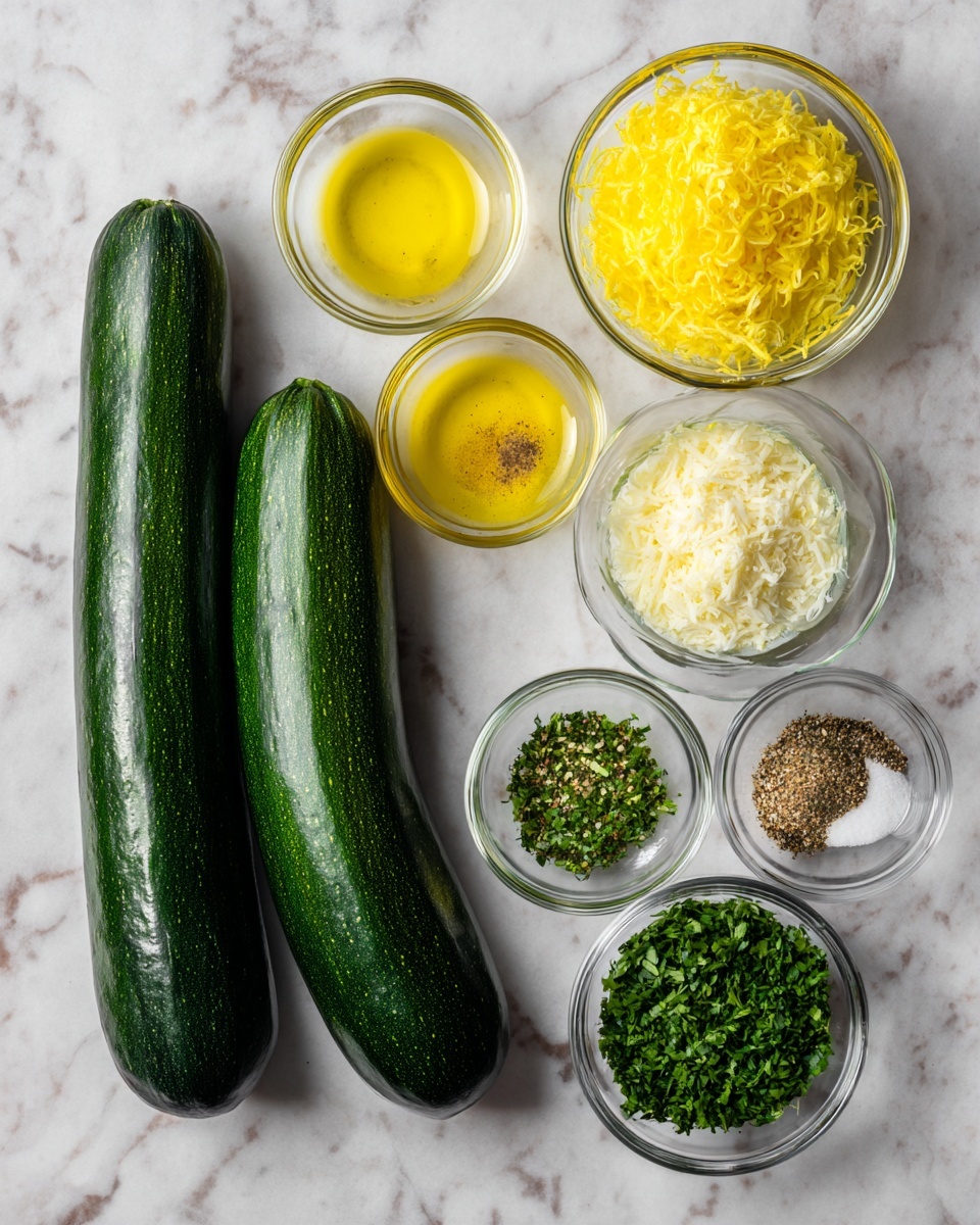 The image shows two whole dark green zucchinis placed side by side on a white marbled surface. Surrounding the zucchinis are eight small clear glass bowls arranged in two rows, holding finely grated yellow lemon zest, bright yellow olive oil, coarse white salt, finely grated white cheese, freshly chopped green herbs, pale yellow lemon juice, and a mix of ground black pepper and other spices. The clear bowls create layers of different textures and colors, with the dark green zucchinis contrasting against the light colored ingredients and the white marbled background. Photo taken with an iphone --ar 4:5 --v 7