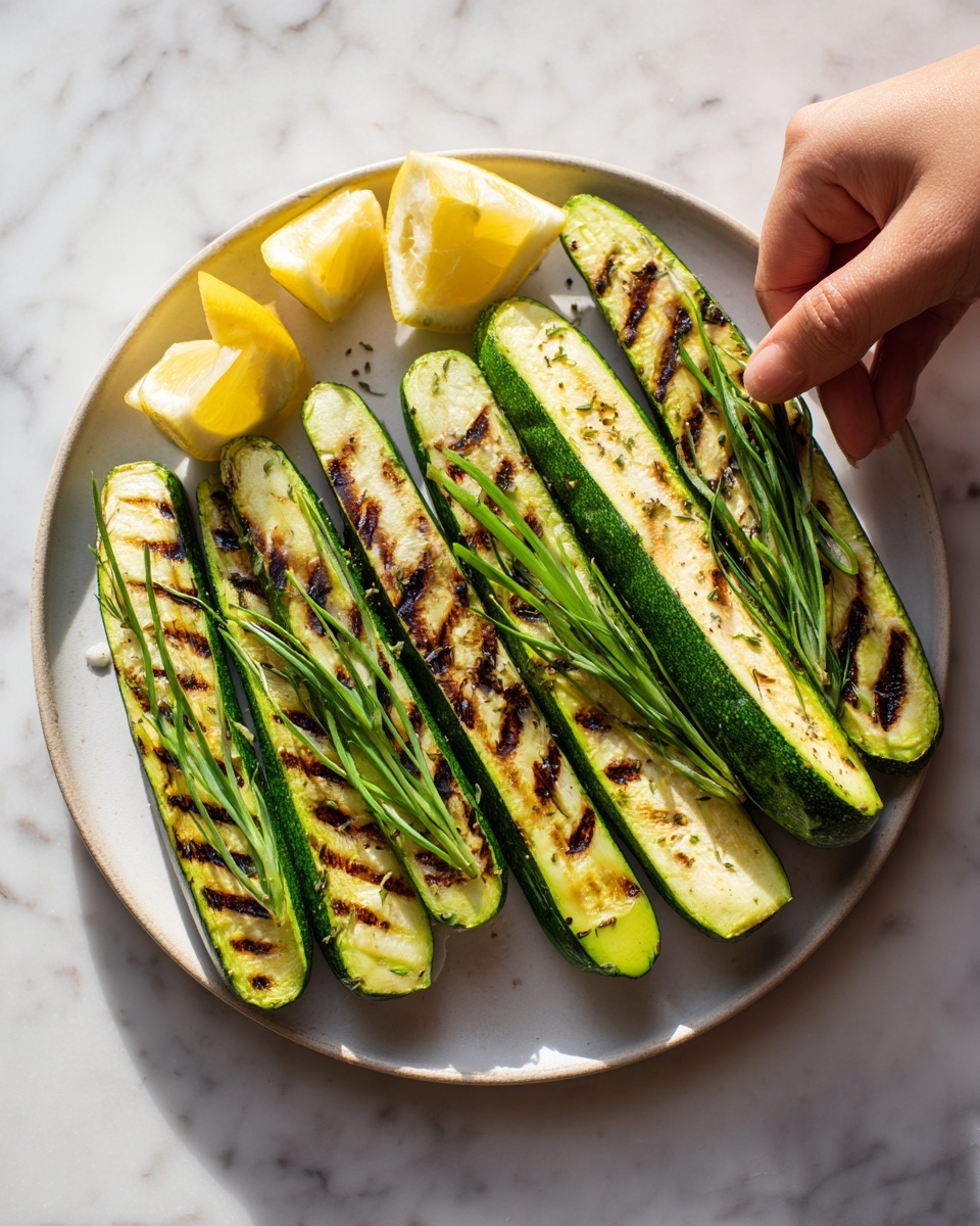 The image shows eight long zucchini halves grilled with dark brown grill marks on the shiny green skin and soft pale green inside. Each zucchini half is topped with a few thin green herb stalks. The zucchini pieces are neatly placed side by side on a round white plate, with two yellow lemon wedges in the empty space at the top left of the plate. The plate sits on a white marbled surface, and a woman's hand is placing one of the zucchini halves on the plate. The lighting is natural, highlighting the fresh colors of the vegetables. photo taken with an iphone --ar 4:5 --v 7