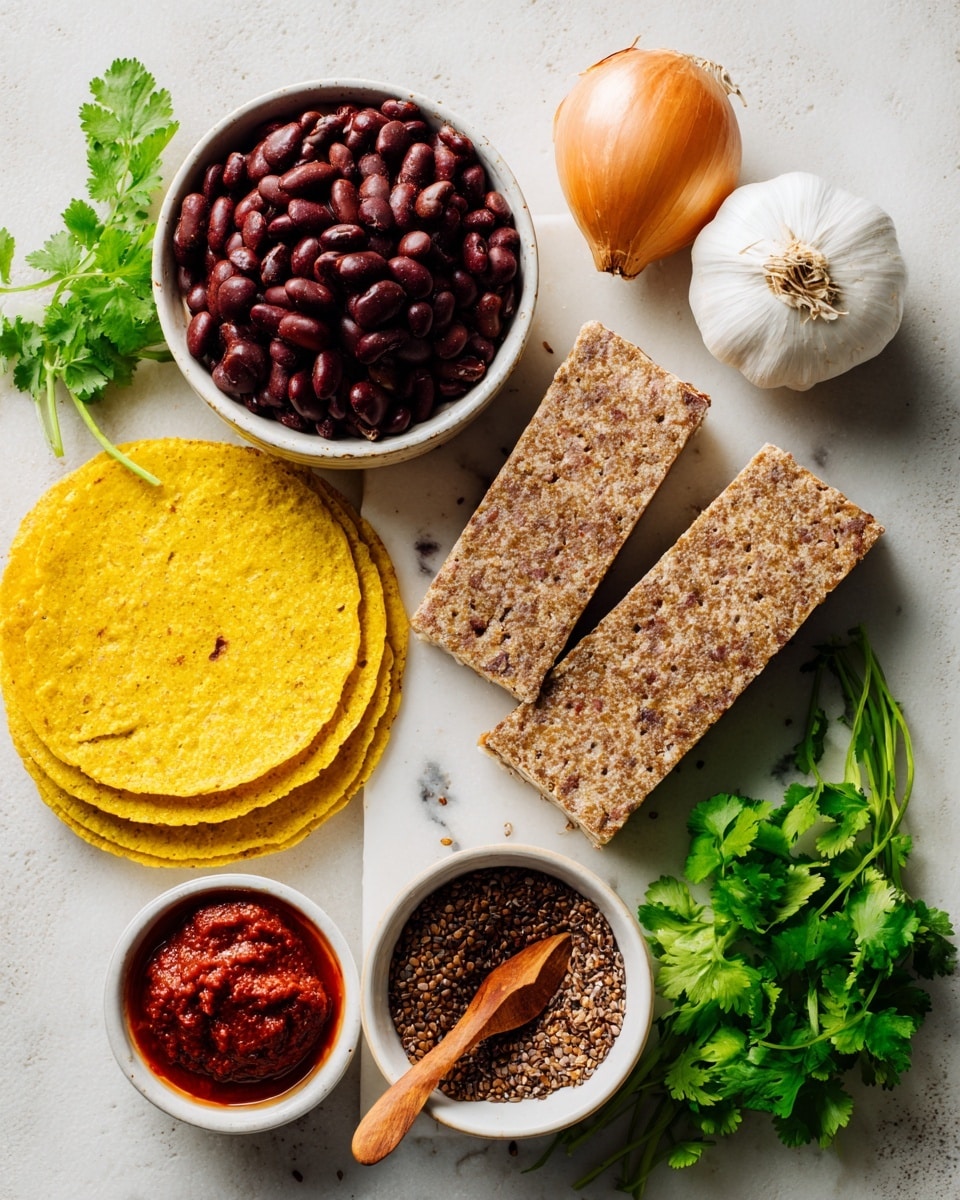 The image shows a white marbled surface with ingredients arranged neatly. There are three yellow corn tortillas stacked on the bottom left. Above them, there is a small white bowl filled with dark red beans. To the right of the bowl, two rectangular beige tempeh pieces with a rough texture lie side by side. Above the tempeh, a whole yellow onion and a bulb of white garlic are placed. Below the tempeh, a small white bowl holds bright red tomato paste with a smooth texture. On the bottom right, another white bowl contains brown toasted cumin seeds with a wooden spoon resting inside. Fresh green cilantro leaves are spread around the ingredients. Photo taken with an iphone --ar 4:5 --v 7