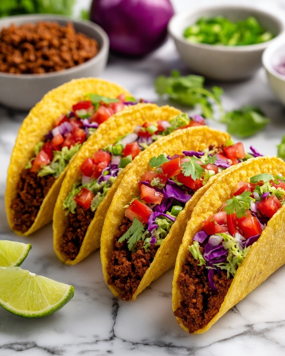 Four yellow taco shells filled with layers of brown crumbled filling at the bottom, topped with small, bright red diced tomatoes, green chopped scallions, and bits of purple cabbage mixed with green cilantro leaves. The tacos are arranged in a row on a white marbled surface with lime wedges placed beneath the first and last taco. In the background, there are blurred bowls of brown crumbled filling and chopped green scallions, along with a partial purple onion and some cilantro sprigs. Photo taken with an iphone --ar 4:5 --v 7