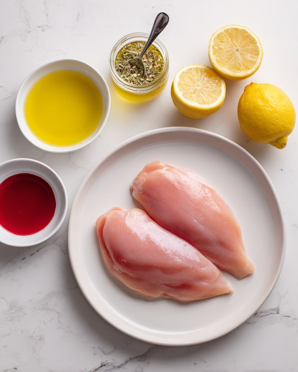 The image shows two raw chicken breasts placed side by side in the center of a plain white round plate. To the left of the plate, there is a small white bowl filled with yellow olive oil and above it, a small jar with herbs and a spoon inside. Below the olive oil bowl, there is another small white bowl holding red liquid, likely a sauce. To the right of the red sauce and below the plate, two lemons are placed, one whole and one cut in half showing its juicy interior. The whole scene is set on a white marbled surface, creating a clean and fresh look. Photo taken with an iphone --ar 4:5 --v 7