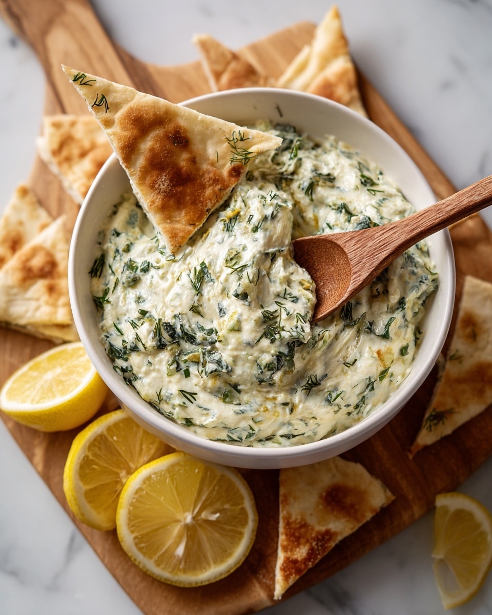 A white bowl filled with creamy dip that has a light green color with small bits of herbs mixed throughout, sitting on a light brown wooden board. Around the bowl, there are triangular pita bread pieces and quarter lemon slices. A wooden spoon rests inside the bowl, dipping into the creamy mixture. The surface underneath everything is a white marbled texture. Photo taken with an iphone --ar 4:5 --v 7
