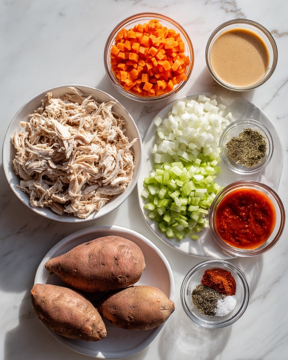 The image shows several bowls and a plate arranged on a white marbled surface. There is a white bowl filled with shredded cooked chicken, a white plate holding four whole cooked sweet potatoes with wrinkled brown skin, and a white bowl containing chopped celery, diced white onions, and shredded orange carrots mixed together. Two smaller clear glass bowls hold sauces, one creamy light brown and the other bright red. A tiny clear bowl contains a mix of dry spices in different colors: light beige, dark green, red, brown, and black flakes. The layout is neat and the lighting is bright and natural. Photo taken with an iphone --ar 4:5 --v 7