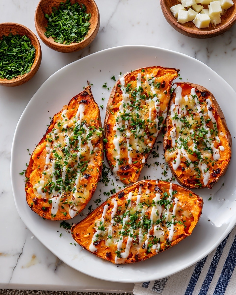 Four roasted sweet potato halves, arranged in a circle on a white plate with a white marbled surface underneath. Each sweet potato is topped with melted cheese, drizzled with a white creamy sauce in thin stripes, and sprinkled with small green herbs. Nearby, two small wooden bowls hold chopped green herbs and white cheese pieces. The overall look is warm with orange, white, and green colors. Photo taken with an iphone --ar 4:5 --v 7