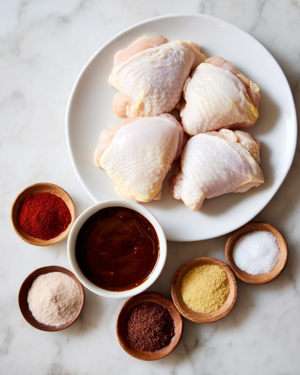 A white plate holds three raw chicken thighs with pale yellow skin and light pink flesh, arranged close together near the top center. Below it are six small round wooden bowls arranged in a loose circle on a white marbled surface. The center bowl is filled with thick dark brown sauce with a shiny surface. Surrounding it, the other five bowls contain spices: bright red powder at the top left, white salt at the top right, light yellow powder at the right center, beige ground pepper at the bottom center, and dark reddish-brown powder at the left center. The background shows a smooth white marbled countertop. photo taken with an iphone --ar 4:5 --v 7