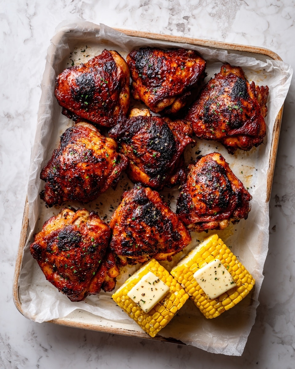 A white baking tray lined with white parchment paper holds eight pieces of charred grilled chicken thighs arranged in a loose grid, their surfaces showing dark black grill marks and burnt edges mixed with reddish-brown cooked skin. To the bottom right of the tray, there are two yellow corn on the cobs, each topped with a square piece of pale yellow butter and sprinkled with black pepper. The tray is set on a white marbled textured surface. photo taken with an iphone --ar 4:5 --v 7