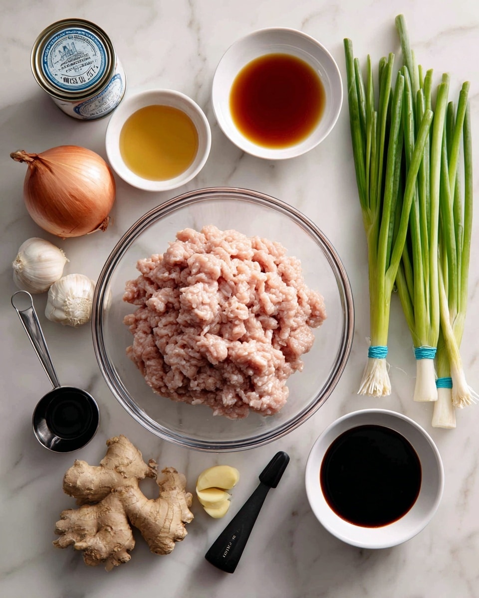 A clear glass bowl holds raw, light pink ground chicken on a white marbled surface. Around it are fresh ginger root, two peeled garlic cloves, and a whole light brown onion. Three small white bowls contain different liquids: one light golden, one darker amber, and one black soy sauce. A metal measuring spoon with a black handle is filled with thick, black hoisin sauce. A can of whole water chestnuts with a blue label lies nearby, and three bunches of green onions tied with blue rubber bands complete the arrangement. photo taken with an iphone --ar 4:5 --v 7