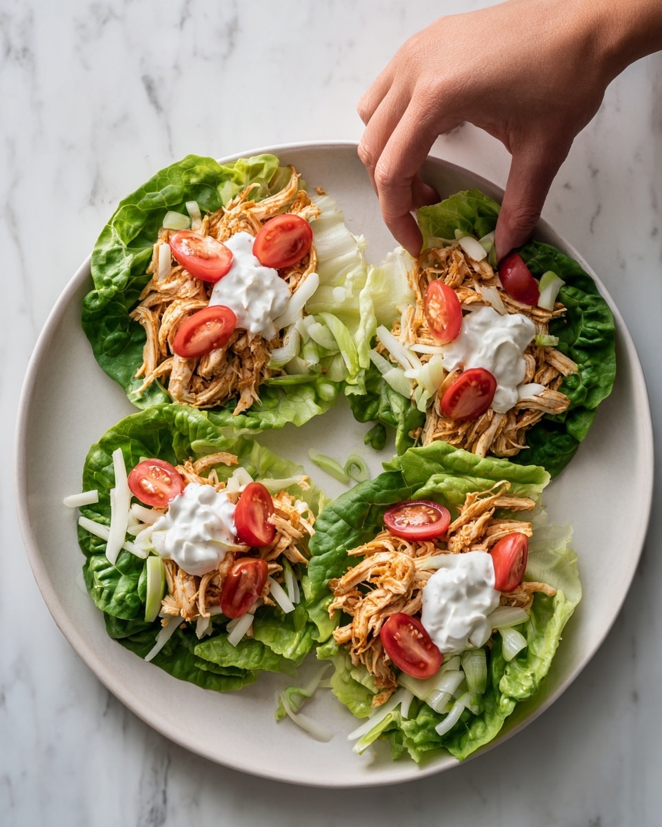The image shows four wraps arranged on a white plate set on a white marbled surface. Each wrap has a base layer of green lettuce leaves that hold shredded golden-brown chicken pieces. On top of the chicken, there are small bright red tomato slices, thin strips of white cheese, and pale green sliced onions. A dollop of white creamy sauce is drizzled over the fillings, adding texture and contrast. A woman's hand is placing or adjusting one of the wraps, showing interaction with the food. photo taken with an iphone --ar 4:5 --v 7