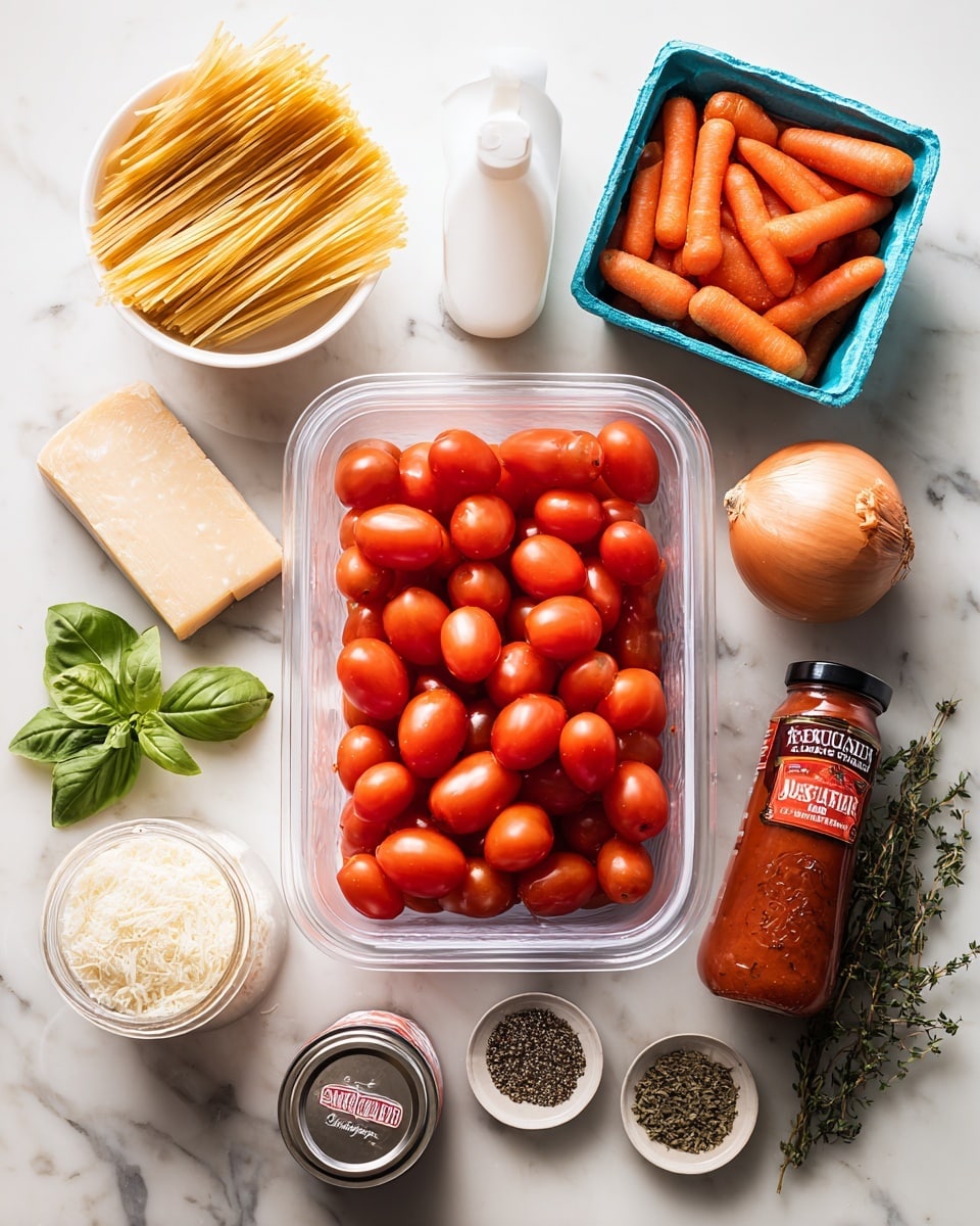 A clear plastic container filled with many bright red grape tomatoes sits in the center on a white marbled surface. Above it is a white bowl full of orange baby carrots and a white bottle, while to the right is a bright blue box of pasta and a whole round light brown onion. Below the tomatoes, from left to right, are a wedge of pale yellow cheese, a jar of garlic powder with a black lid, a red can of organic tomato paste, and a glass jar of oregano leaves with a green lid. Near the bottom, two small dishes hold black pepper on white and coarse salt on black, with bright green basil leaves and a sprig of thyme nearby. photo taken with an iphone --ar 4:5 --v 7