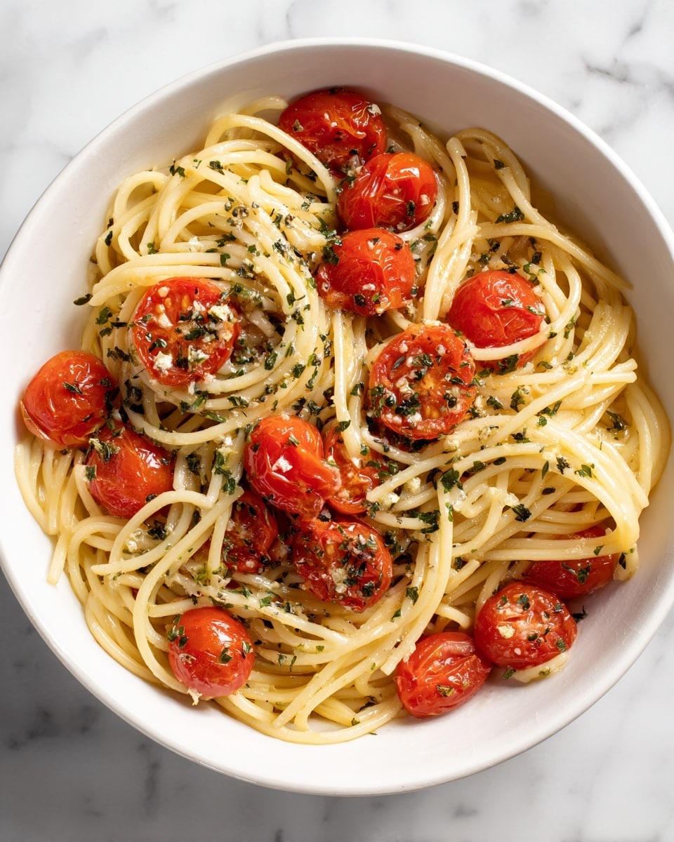 A white round bowl filled with a single layer of spaghetti noodles, light golden in color and slightly shiny from sauce. Scattered evenly on top are bright red cooked cherry tomato halves with a soft, slightly wrinkled texture. The spaghetti and tomatoes are mixed with a light sprinkling of dried herbs that add small dark green and black specks across the dish. The bowl is placed on a white marbled surface. Photo taken with an iphone --ar 4:5 --v 7
