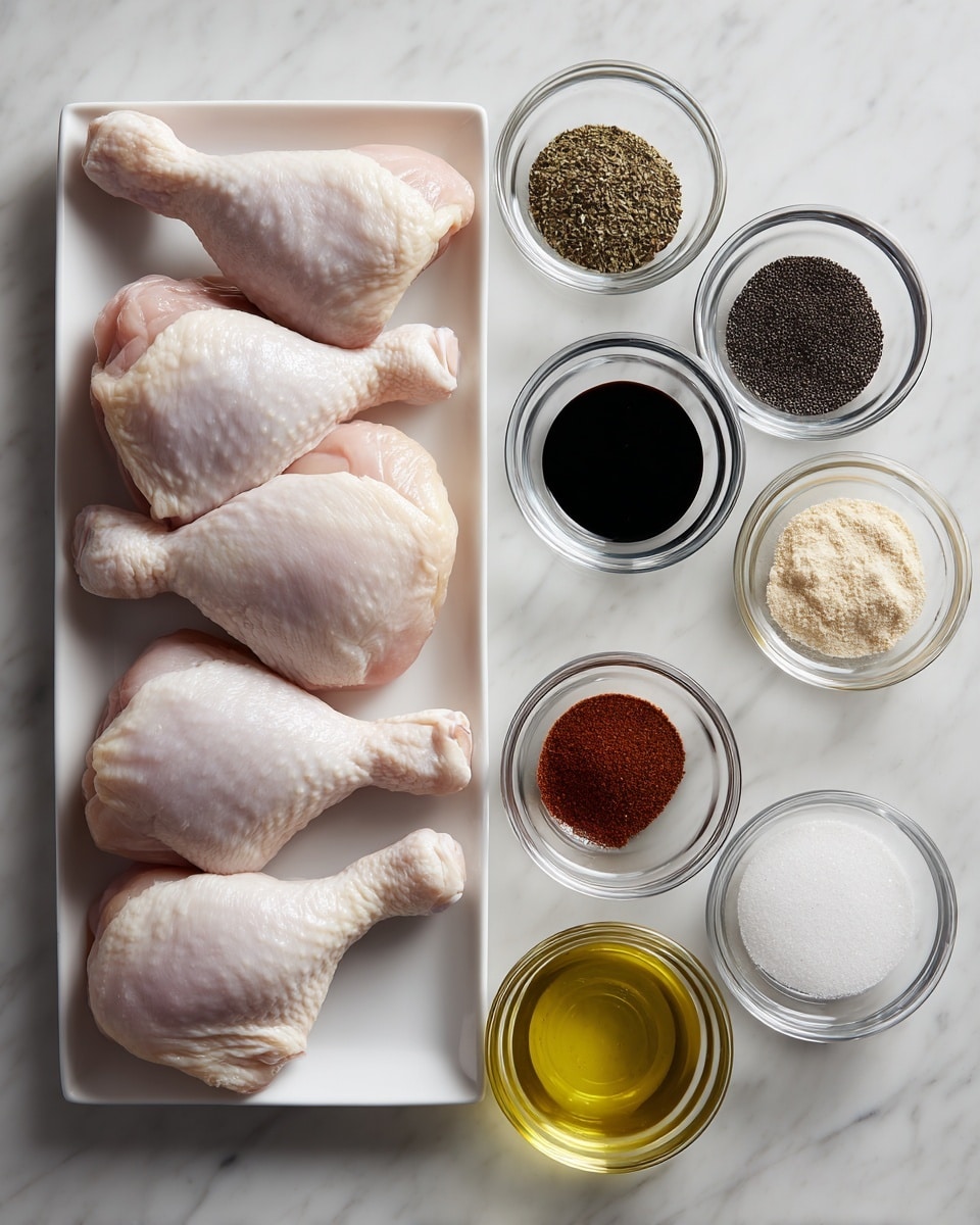 The image shows three raw chicken drumsticks and thighs on a white rectangular plate on the left side. To the right, on a white marbled surface, there are eight small clear glass bowls arranged in a rough grid. From top to bottom and left to right, the bowls contain black pepper, salt, sugar, chili powder, soy sauce, garlic powder, olive oil, and mayonnaise. The ingredients are neatly set out for cooking preparation. Photo taken with an iphone --ar 4:5 --v 7