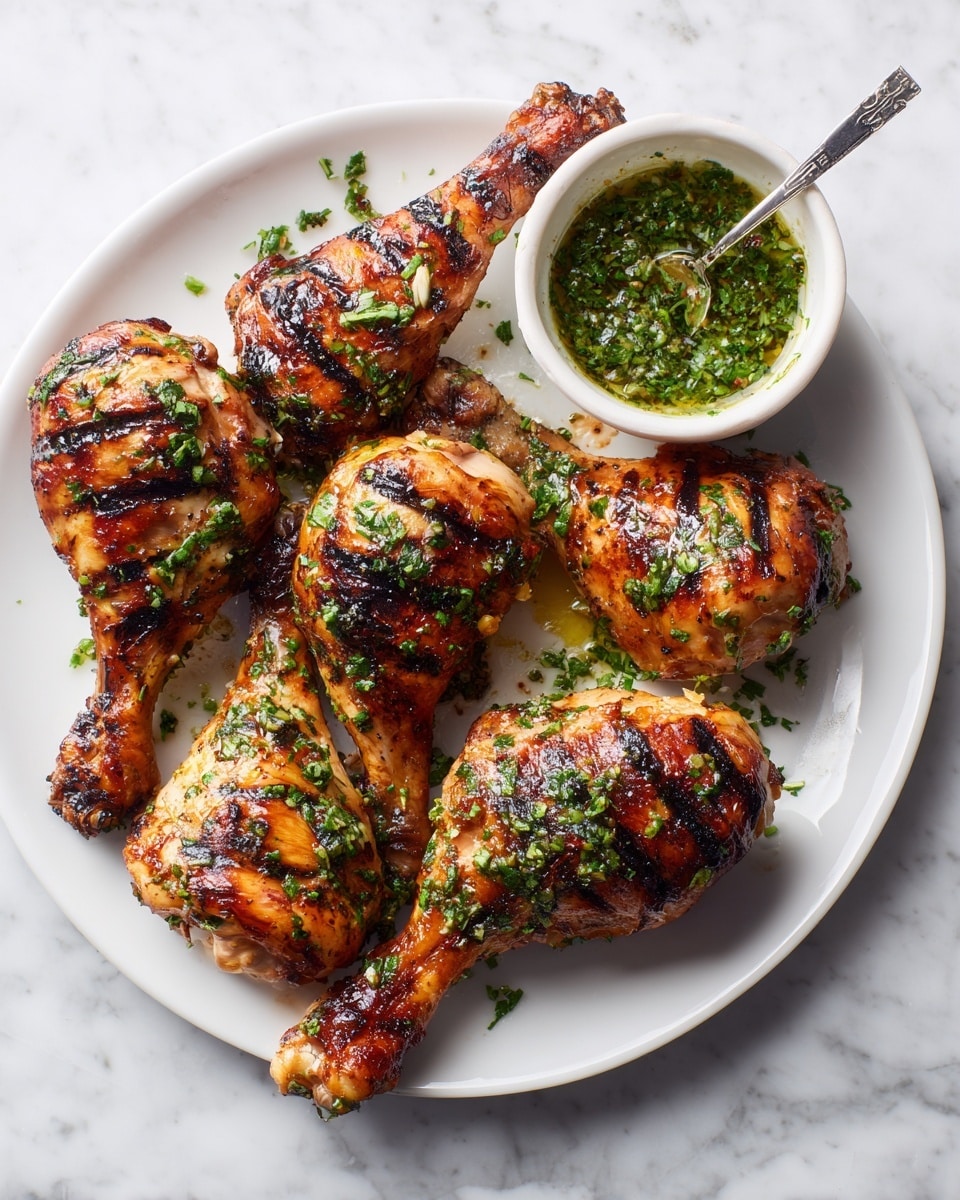A white plate holds four grilled chicken legs with a golden brown and slightly charred skin showing grill marks and green herb flecks on top. The chicken is arranged in a scattered way, each piece showing a juicy and textured surface. Next to the chicken is a small white bowl with a green sauce that has a spoon inside. The entire setup is on a white marbled surface. Photo taken with an iphone --ar 4:5 --v 7