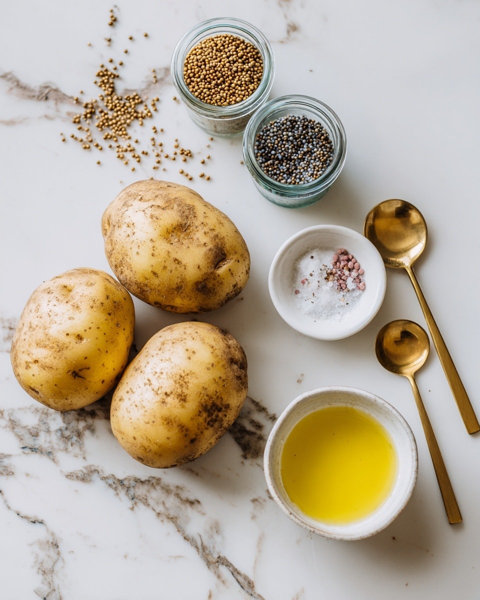 The image shows three peeled potatoes placed on a white marbled surface. Near them are two small glass jars filled with seeds, one labeled brown mustard seeds and the other black mustard seeds. A small white bowl contains salt, white pepper, and some pinkish spice. Next to it is a white bowl with light yellow oil. Two small gold spoons lie beside the bowl of oil. The photo taken with an iphone --ar 4:5 --v 7